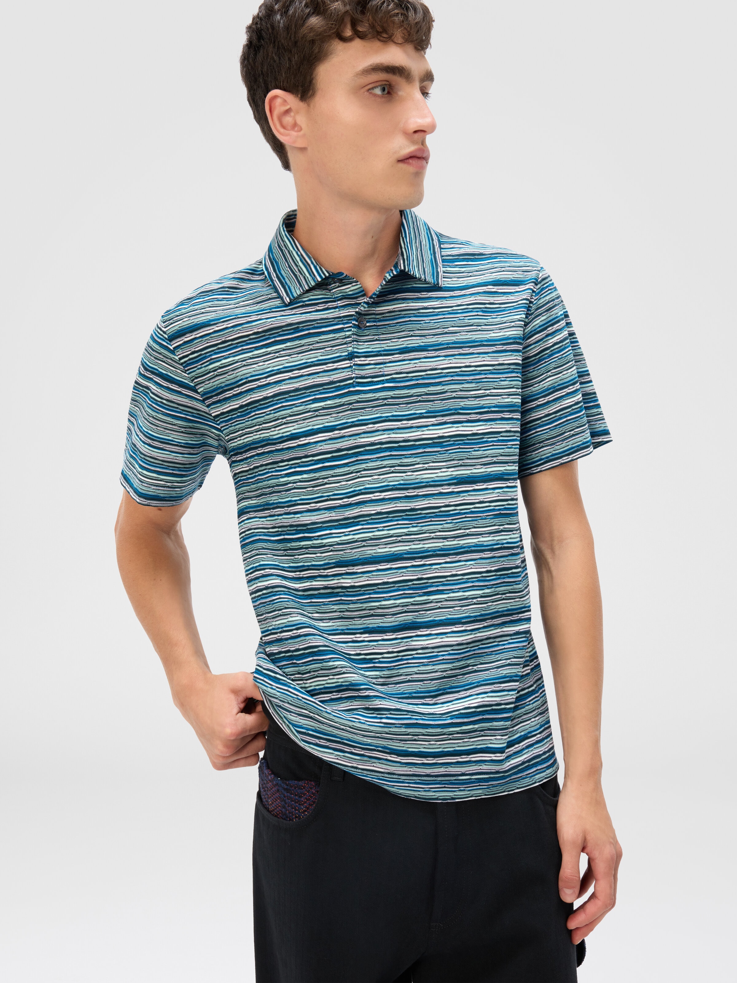 Short Sleeve Polo in Flame Jersey, Blue & Green - 3
