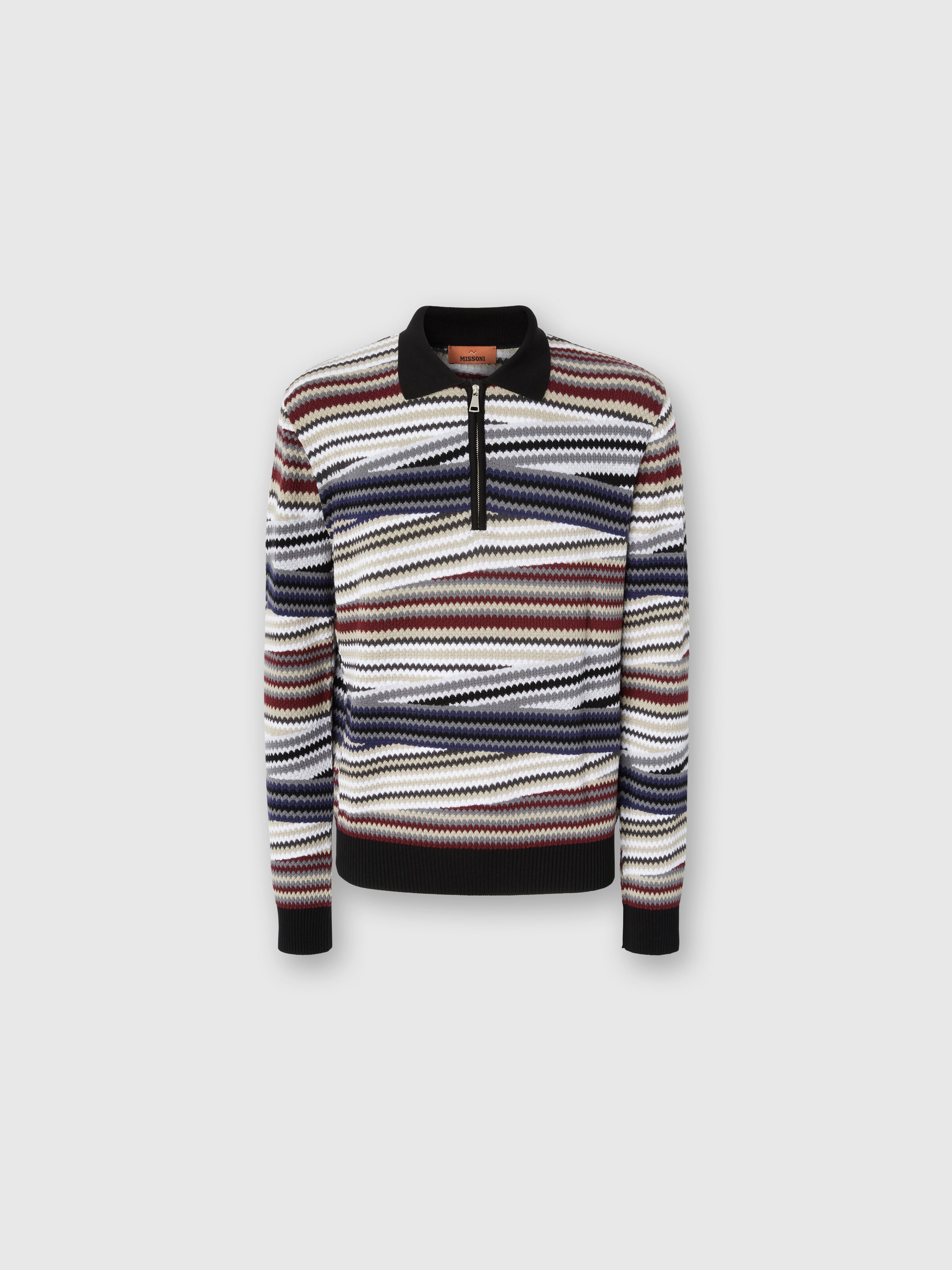 Long Sleeve Polo with Zip and Striped Zigzag Pattern, Multicoloured  - 0