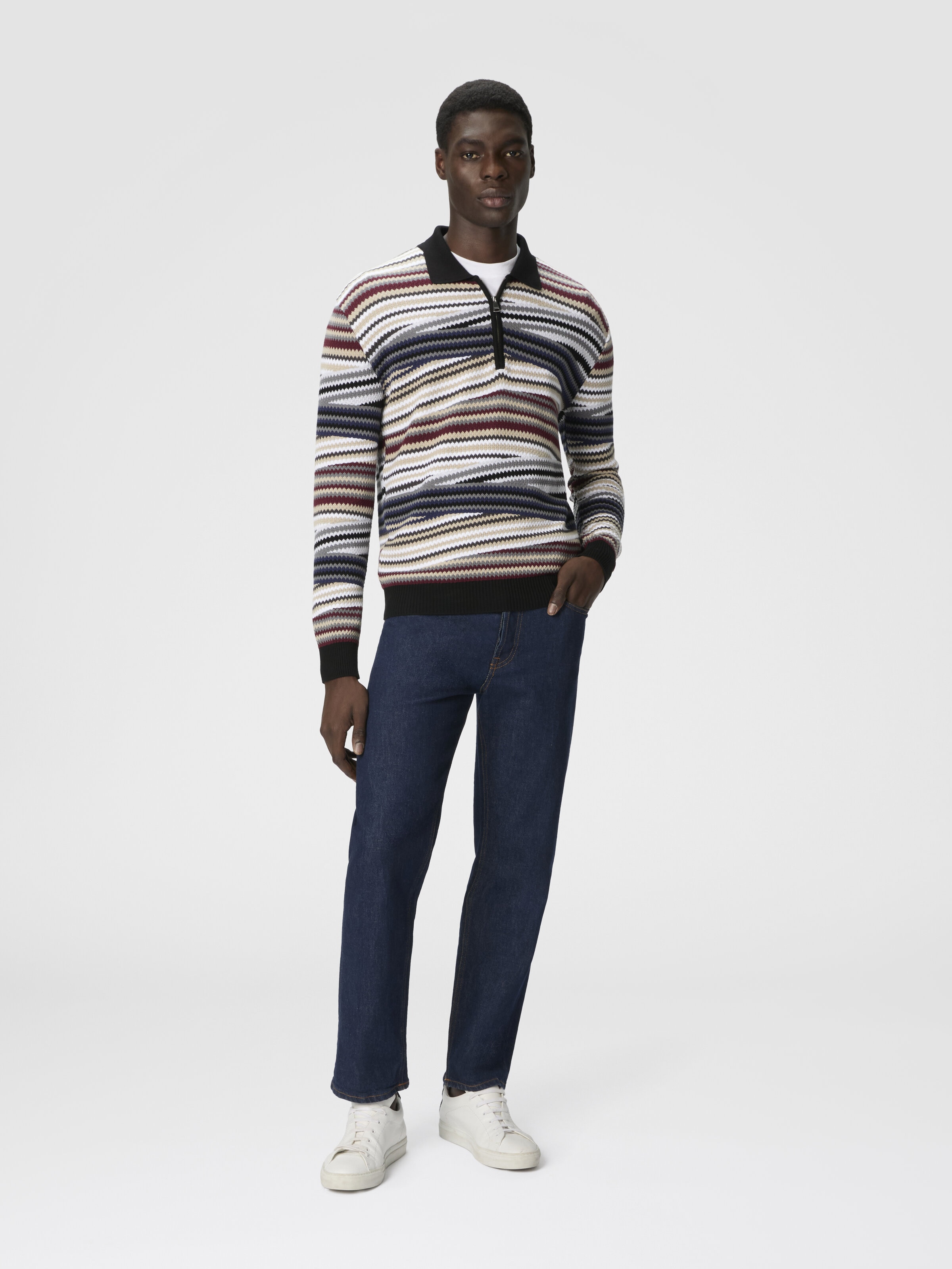 Long Sleeve Polo with Zip and Striped Zigzag Pattern, Multicoloured  - 1