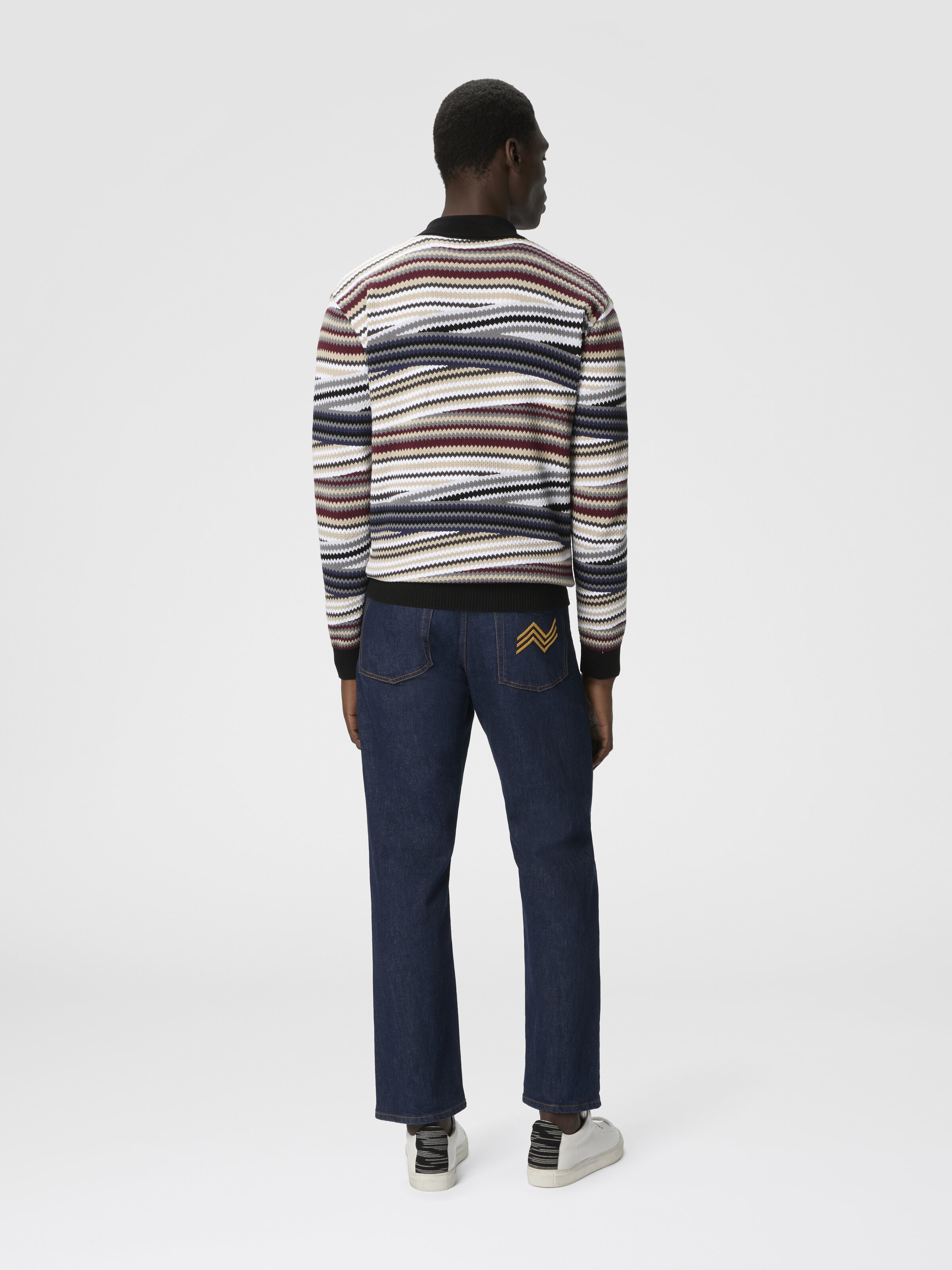 Long Sleeve Polo with Zip and Striped Zigzag Pattern, Multicoloured  - 2