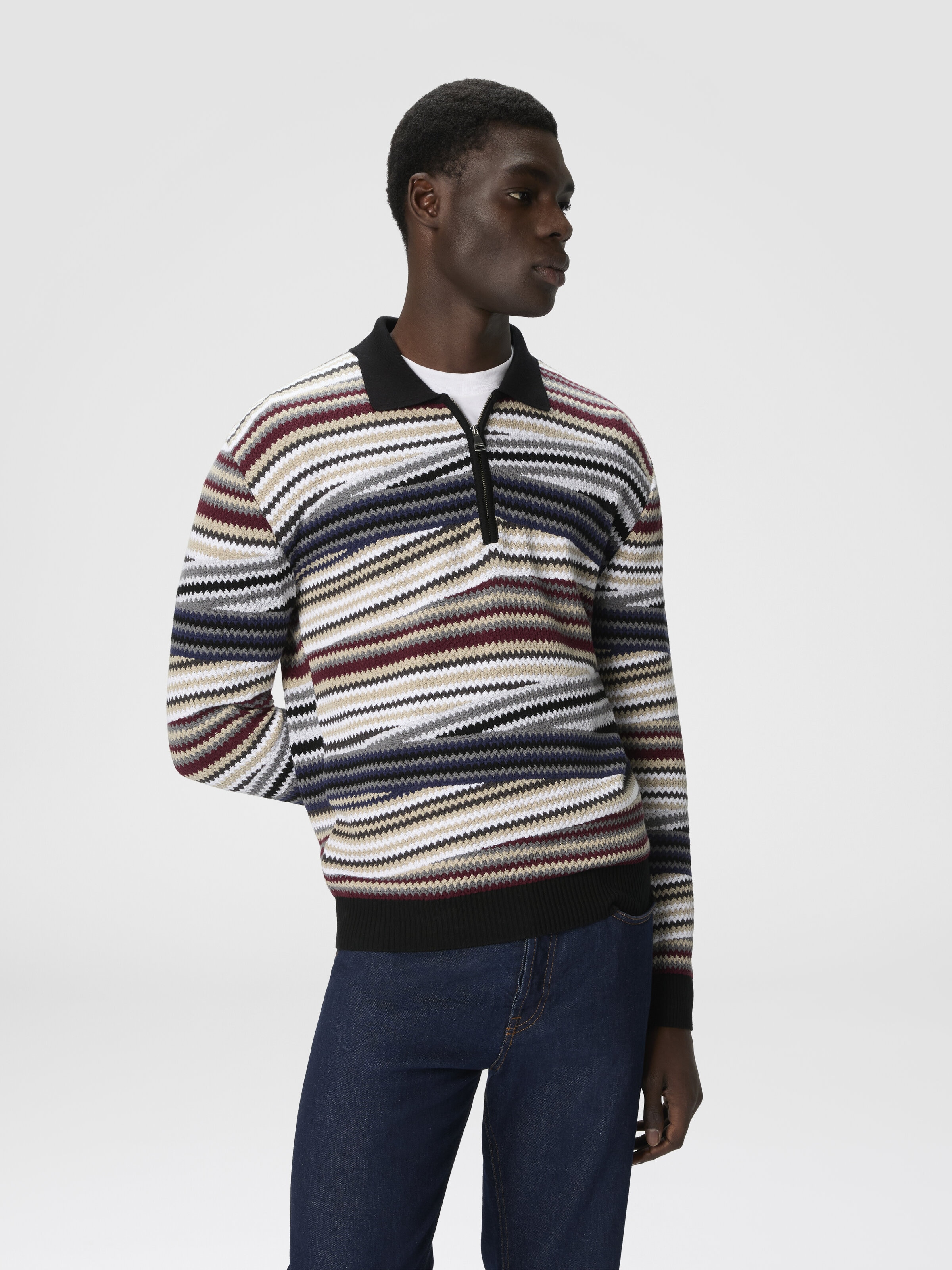 Long Sleeve Polo with Zip and Striped Zigzag Pattern, Multicoloured  - 3