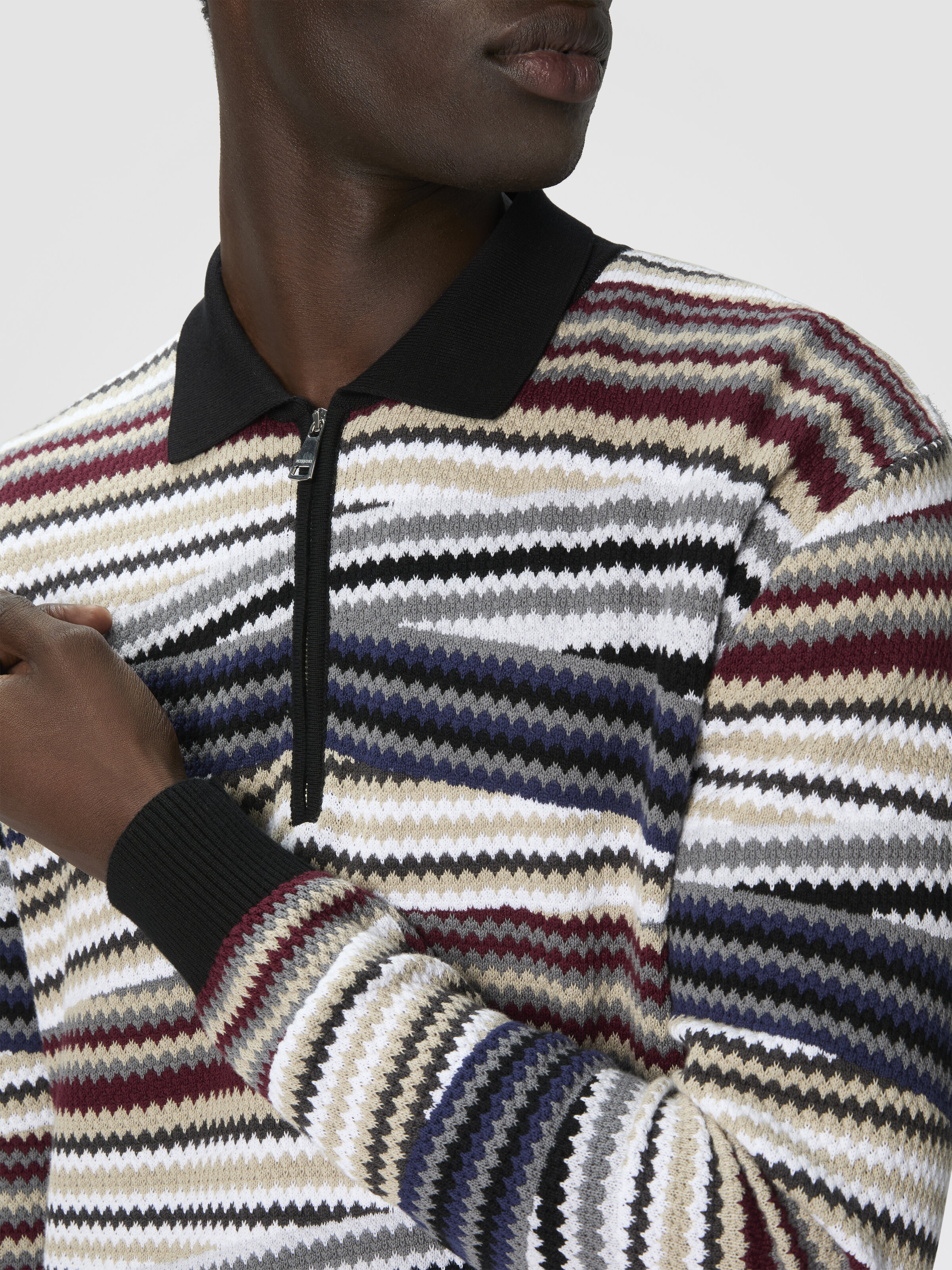 Long Sleeve Polo with Zip and Striped Zigzag Pattern, Multicoloured  - 4