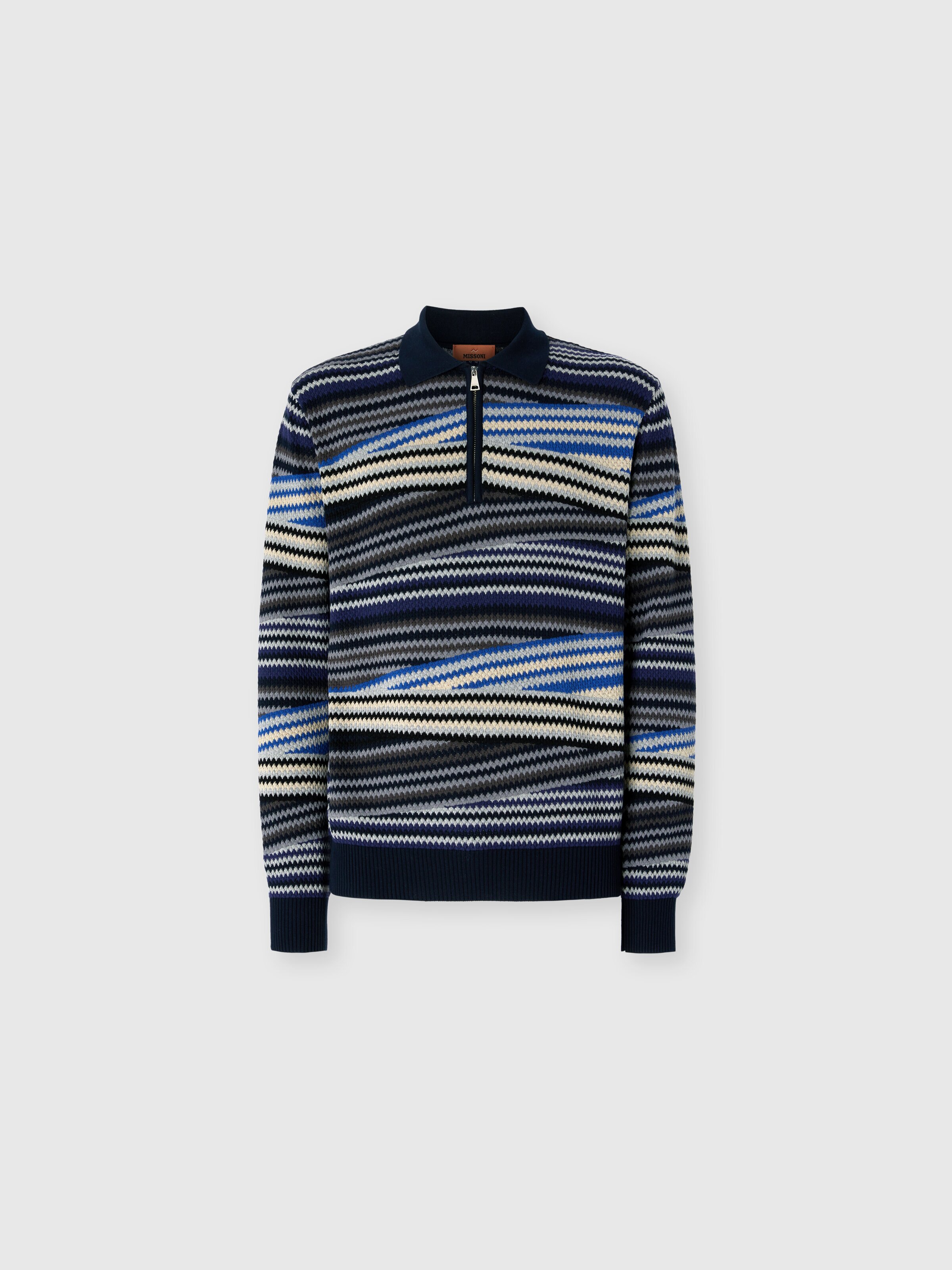 Long Sleeve Polo with Zip and Striped Zigzag Pattern, Blue - 0