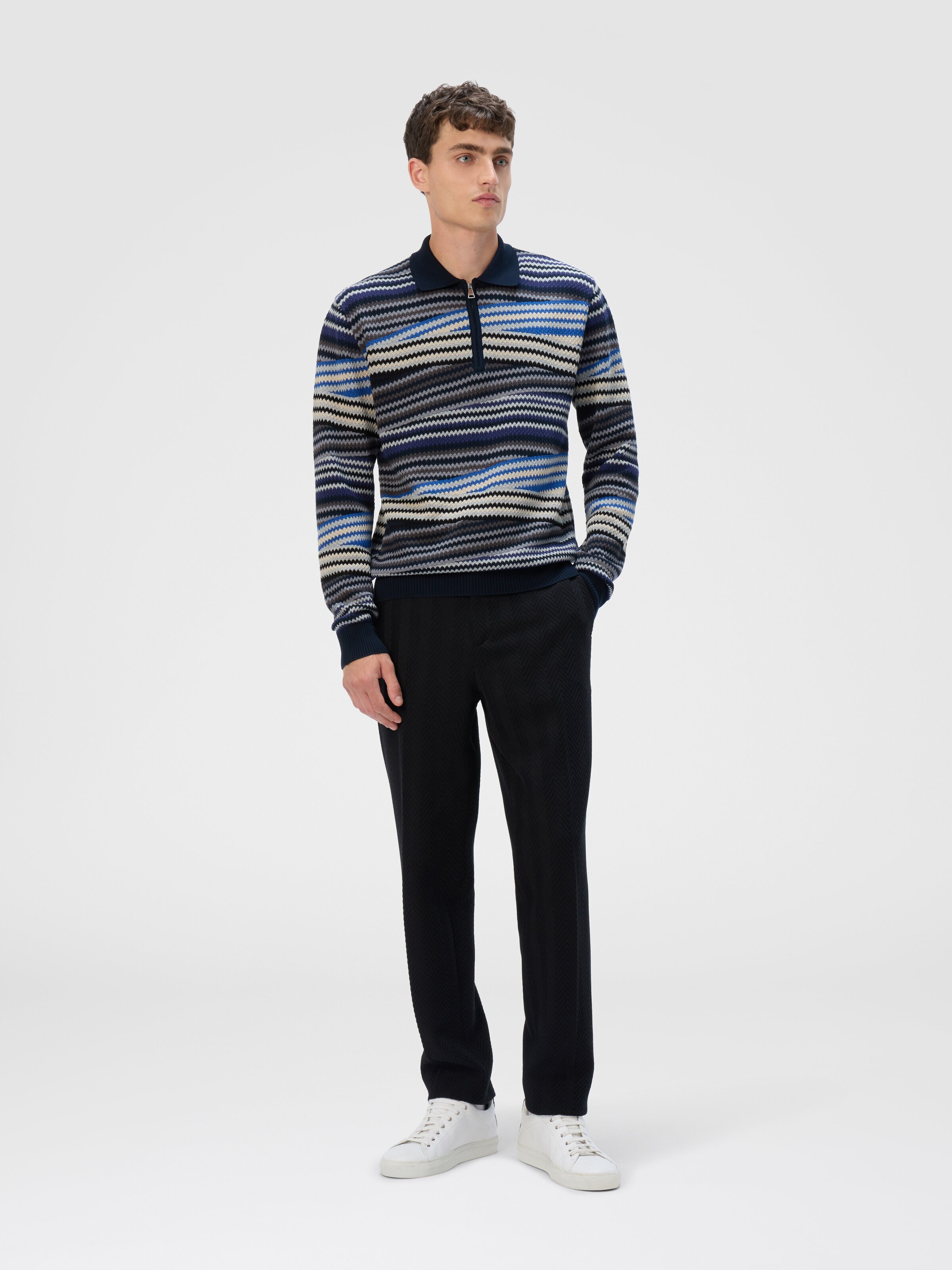 Long Sleeve Polo with Zip and Striped Zigzag Pattern, Blue - 1