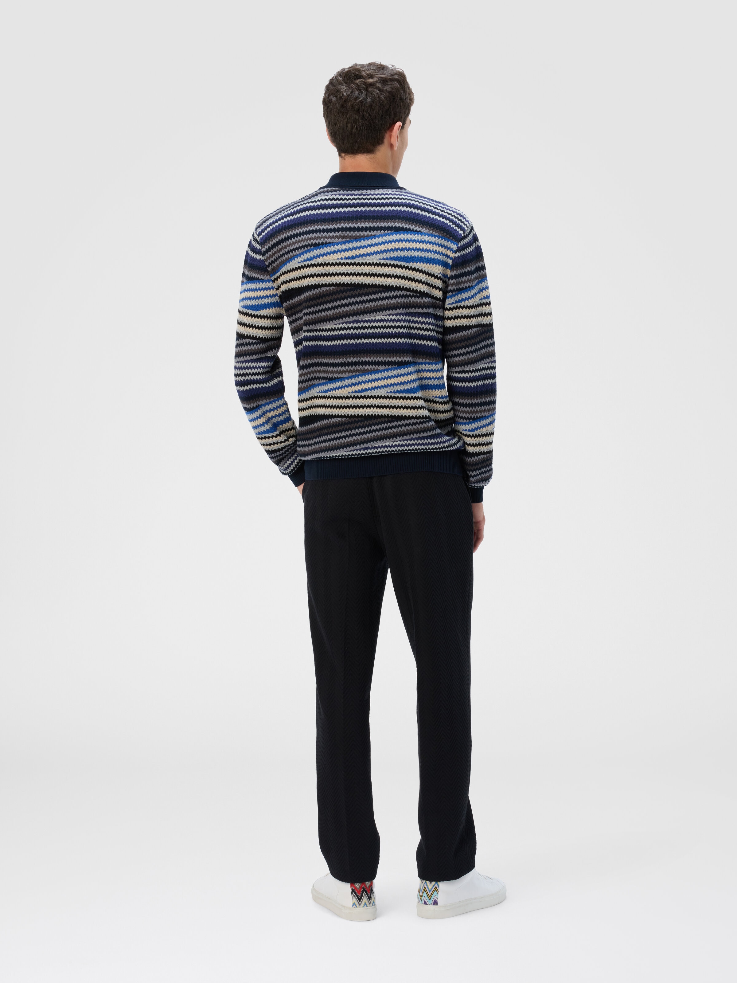 Long Sleeve Polo with Zip and Striped Zigzag Pattern, Blue - 2