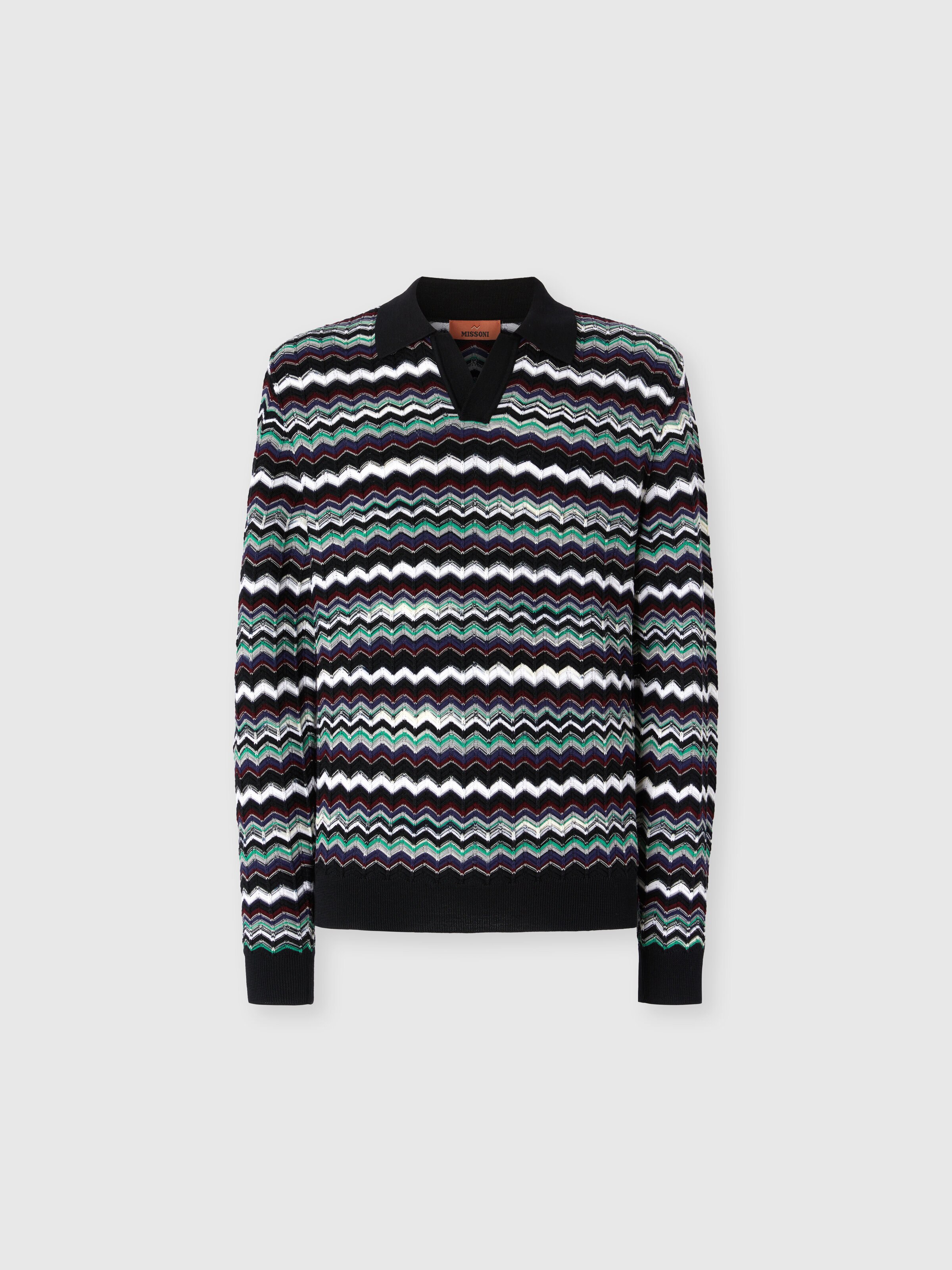 Long Sleeve Polo with V-Neck and Zigzag Pattern, Blue & Green - 0