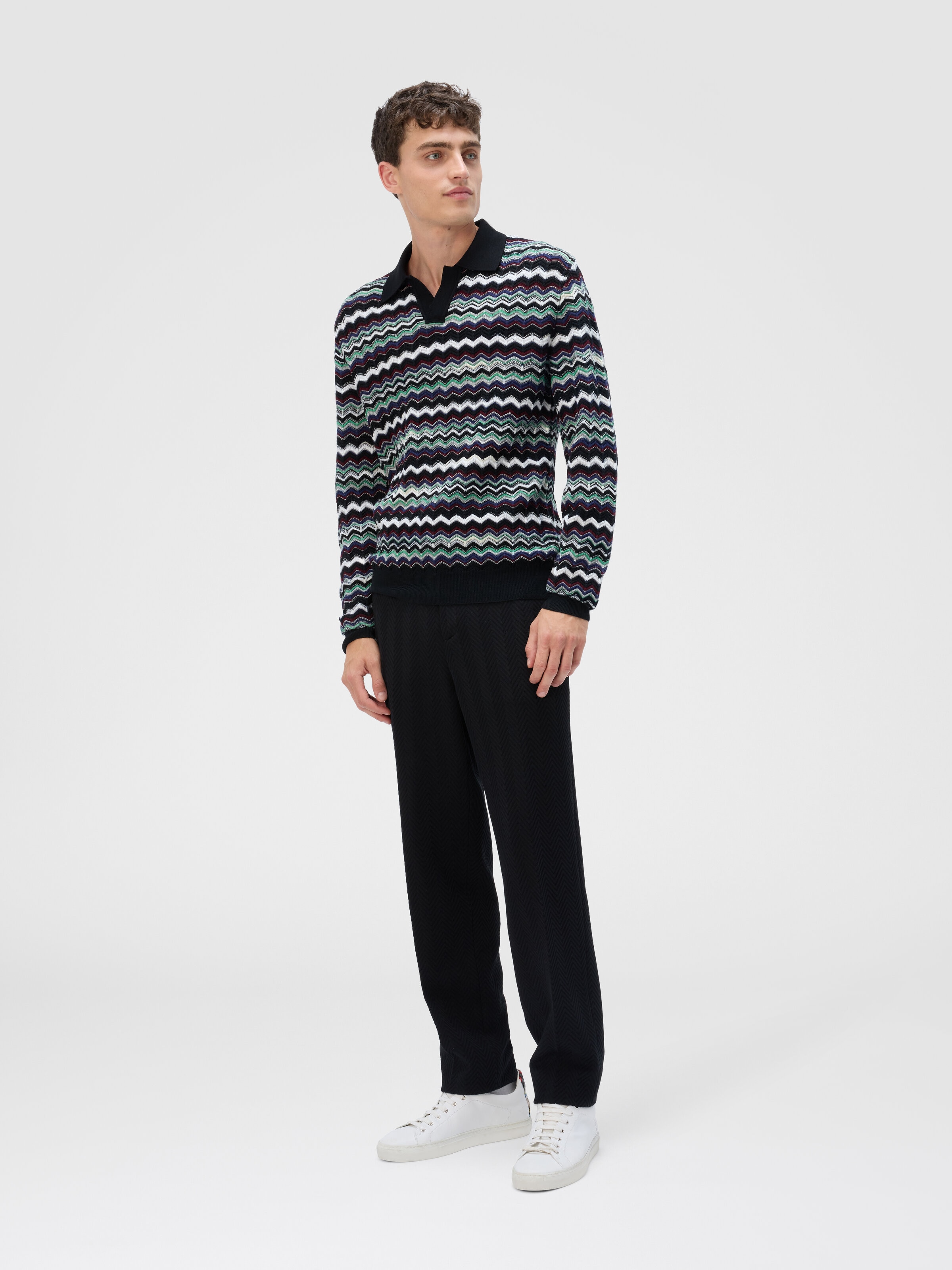 Long Sleeve Polo with V-Neck and Zigzag Pattern, Blue & Green - 1