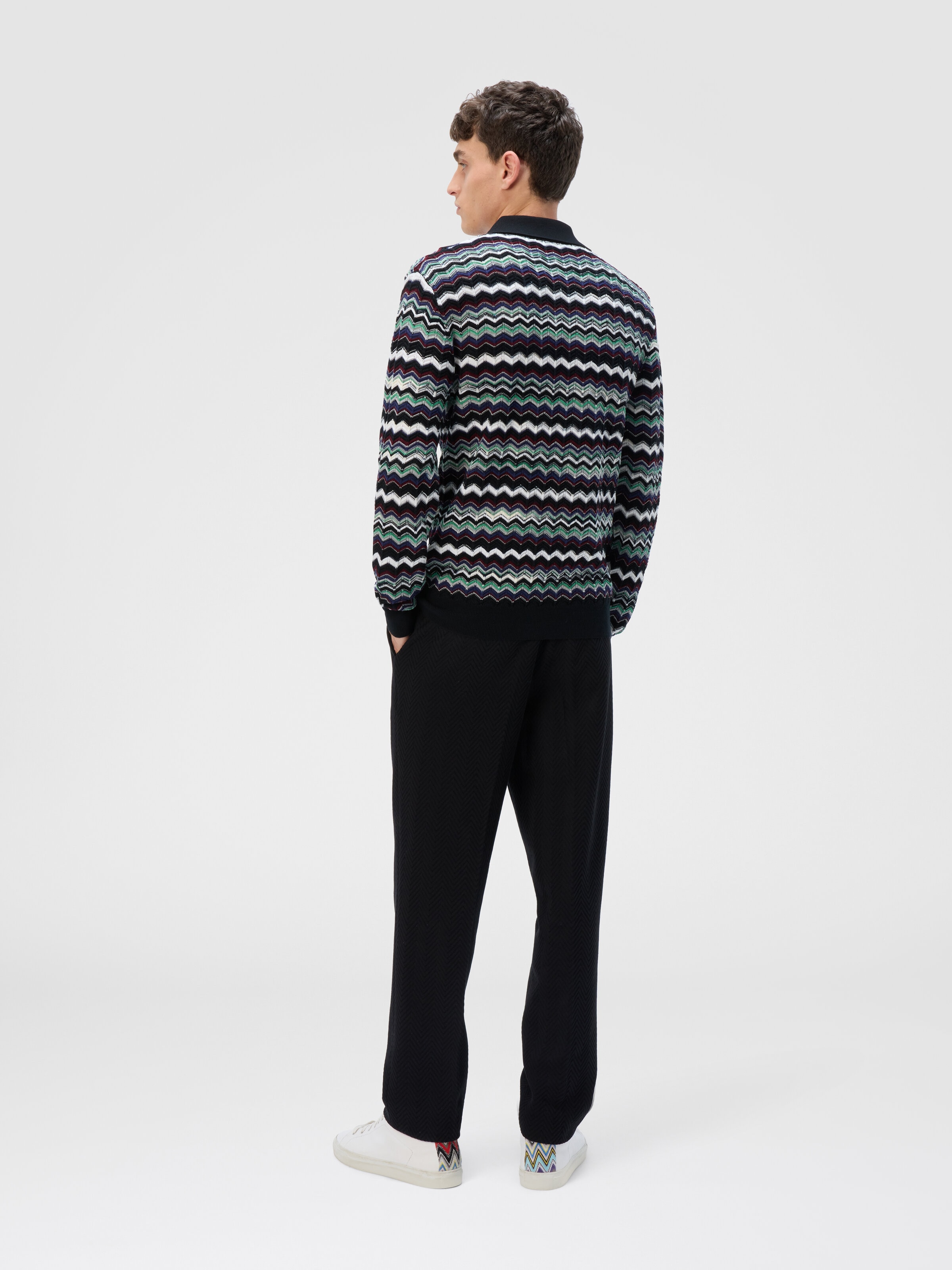 Long Sleeve Polo with V-Neck and Zigzag Pattern, Blue & Green - 2