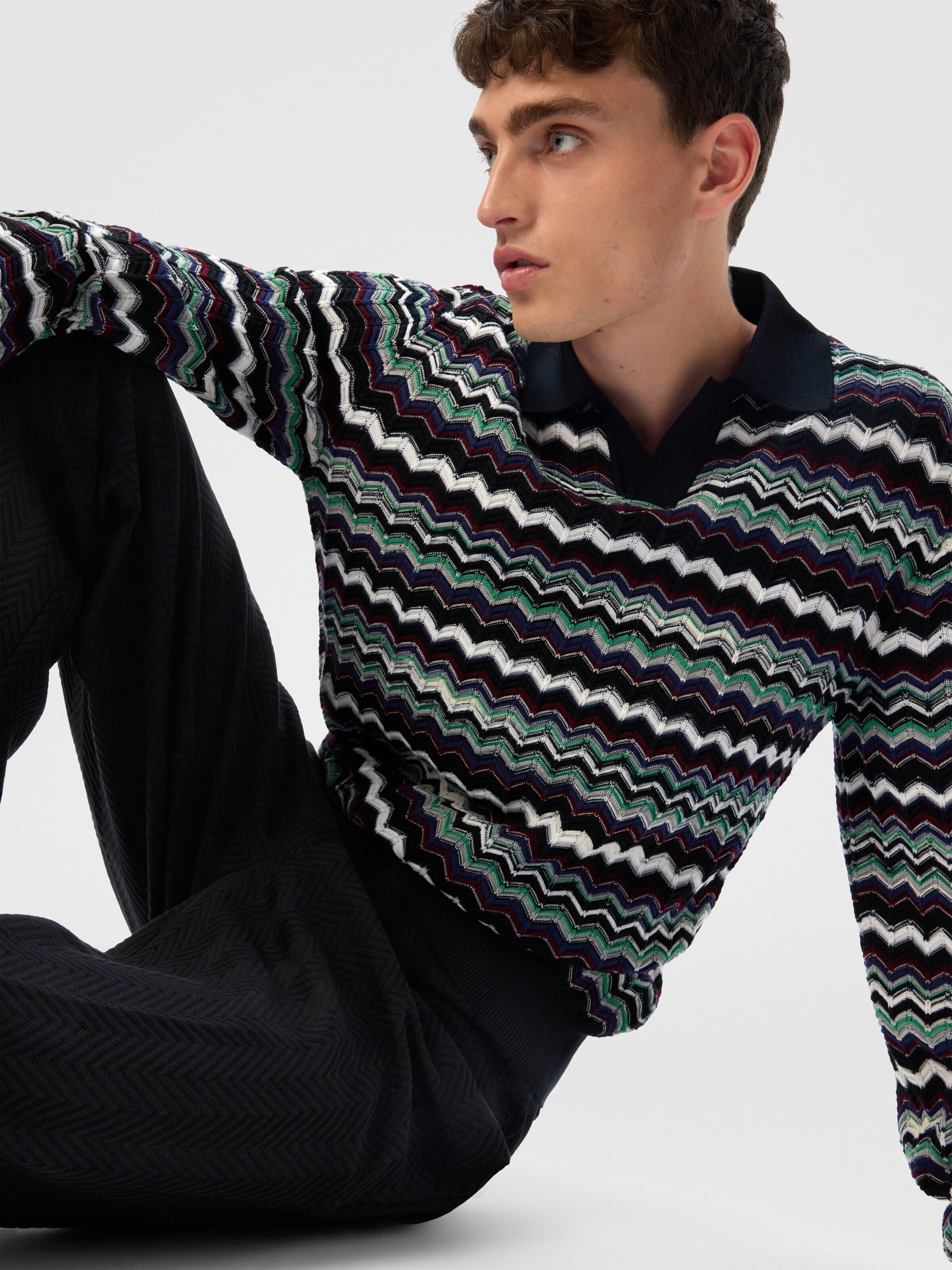 Long Sleeve Polo with V-Neck and Zigzag Pattern, Blue & Green - 3