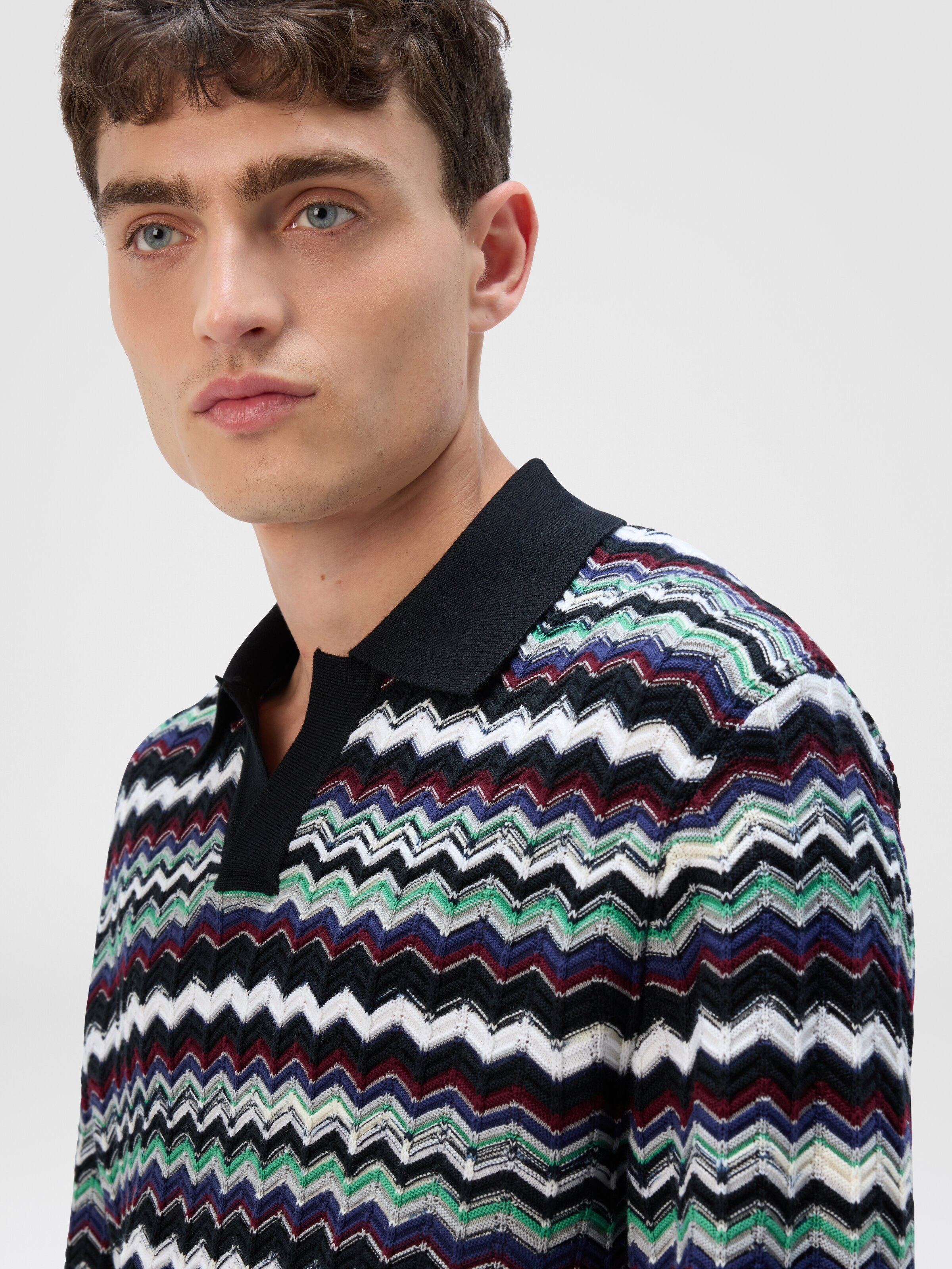 Long Sleeve Polo with V-Neck and Zigzag Pattern, Blue & Green - 4
