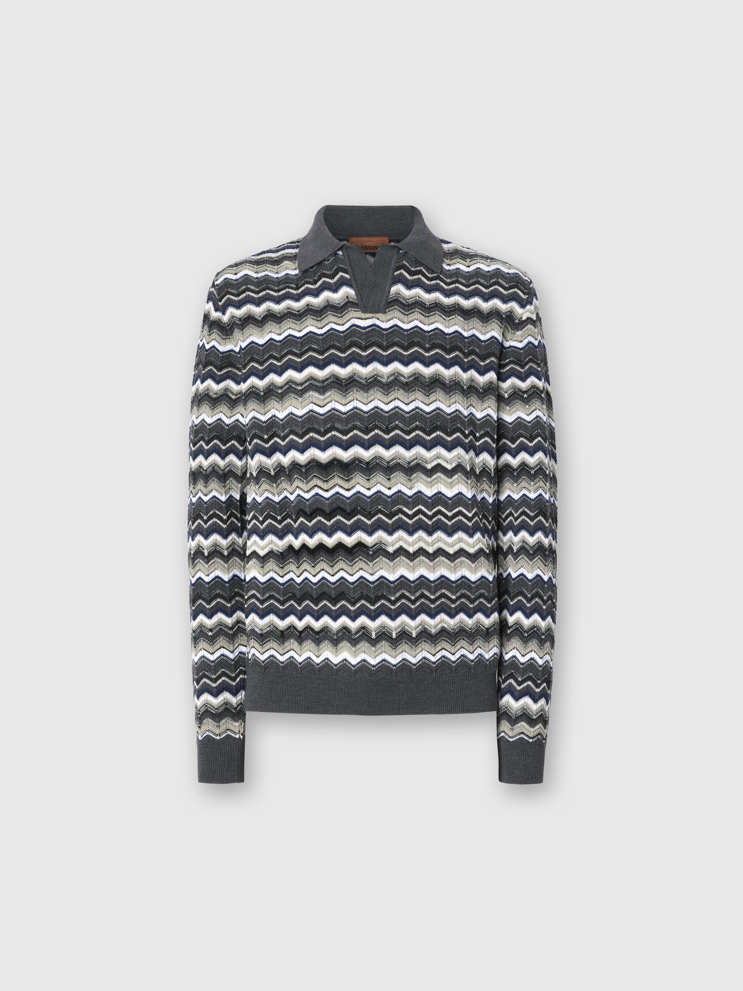 Polo de manga larga con escote en V zigzag, Gris & Beige - 0