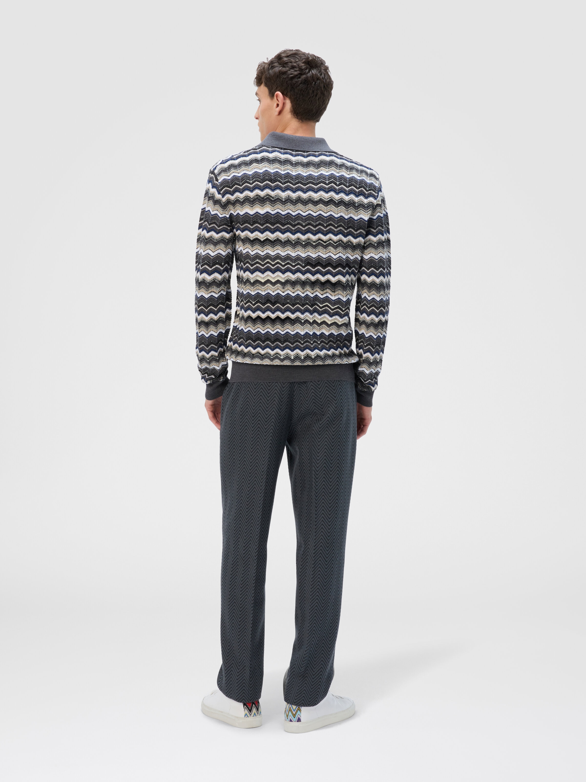 Polo de manga larga con escote en V zigzag, Gris & Beige - 2