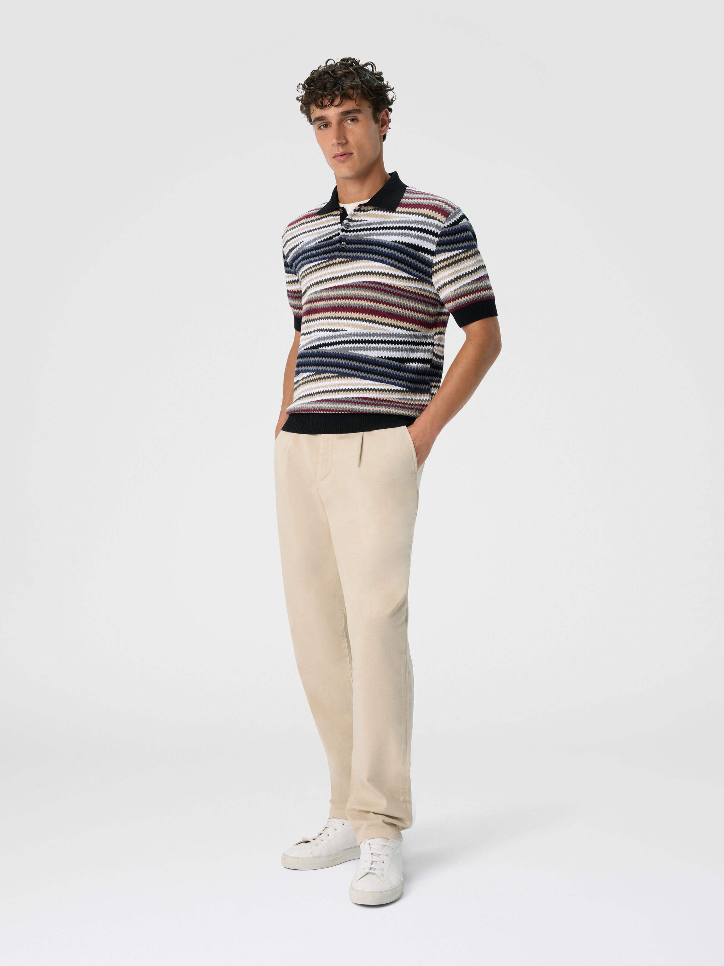 Short Sleeve Polo with Buttons and Striped Zigzag Pattern, Multicoloured  - 1