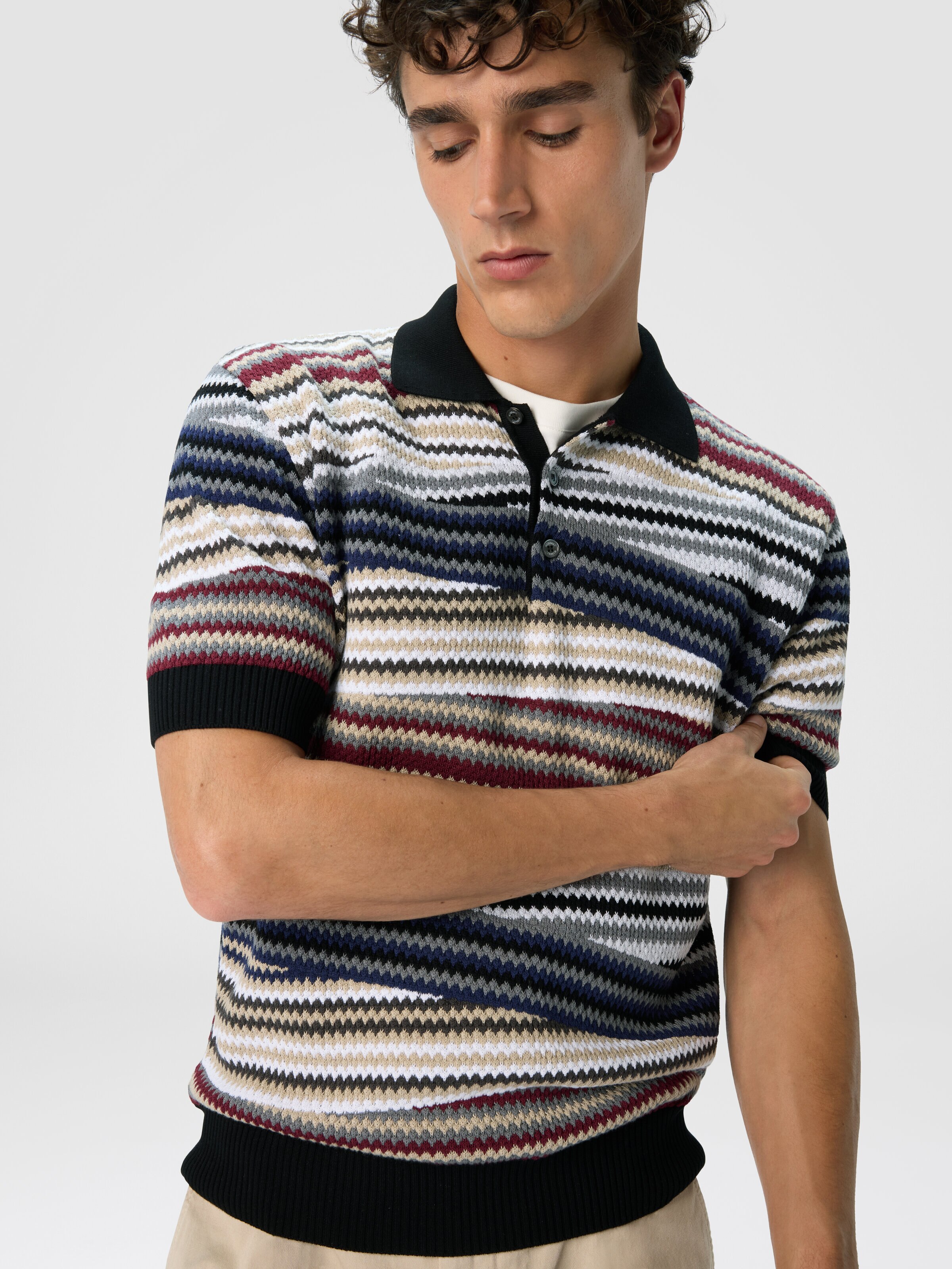 Short Sleeve Polo with Buttons and Striped Zigzag Pattern, Multicoloured  - 3