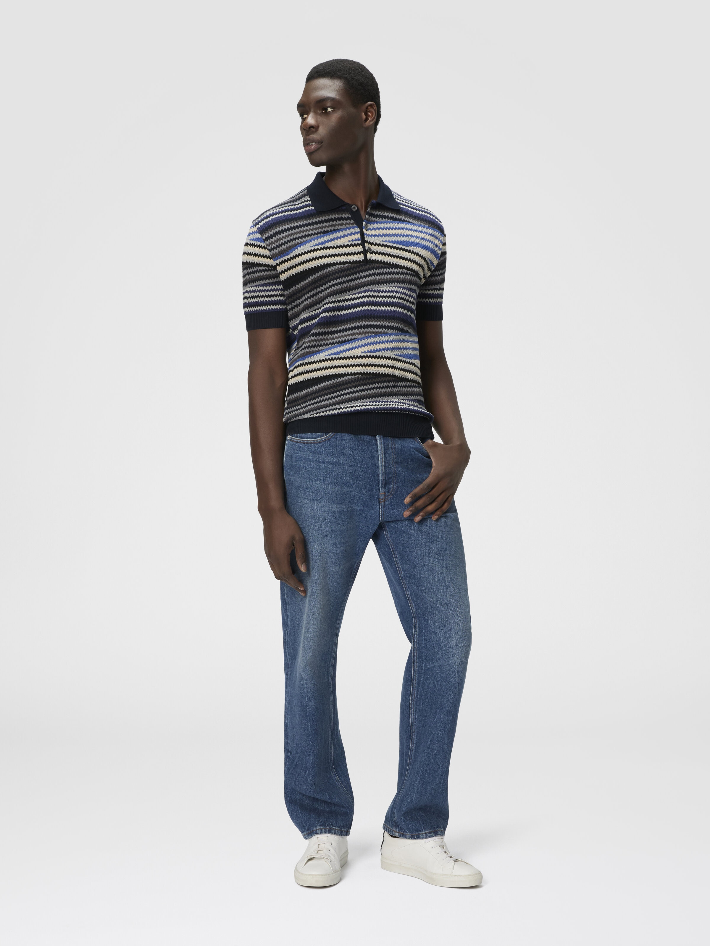 Short Sleeve Polo with Buttons and Striped Zigzag Pattern, Blue - 1