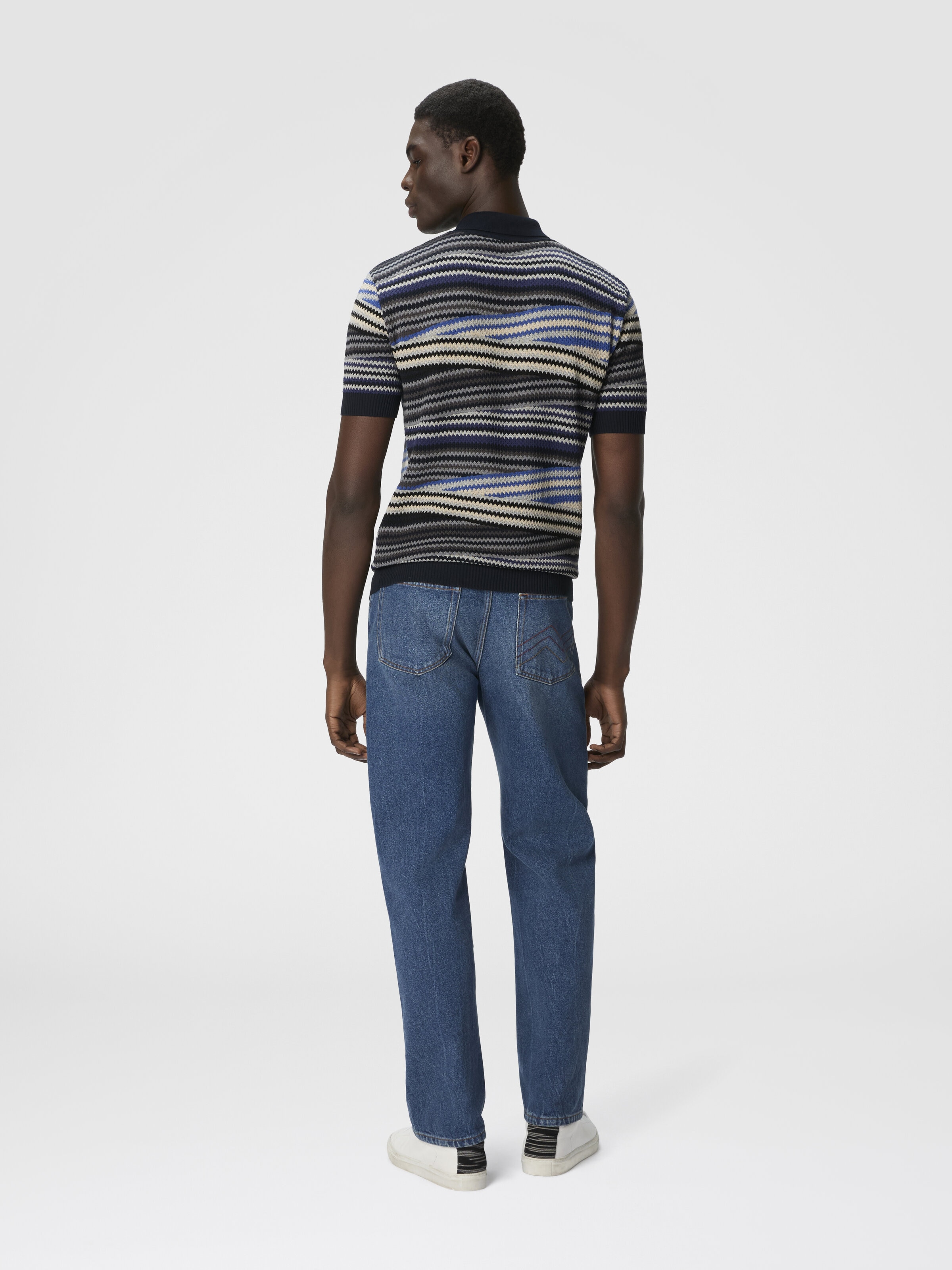 Short Sleeve Polo with Buttons and Striped Zigzag Pattern, Blue - 2
