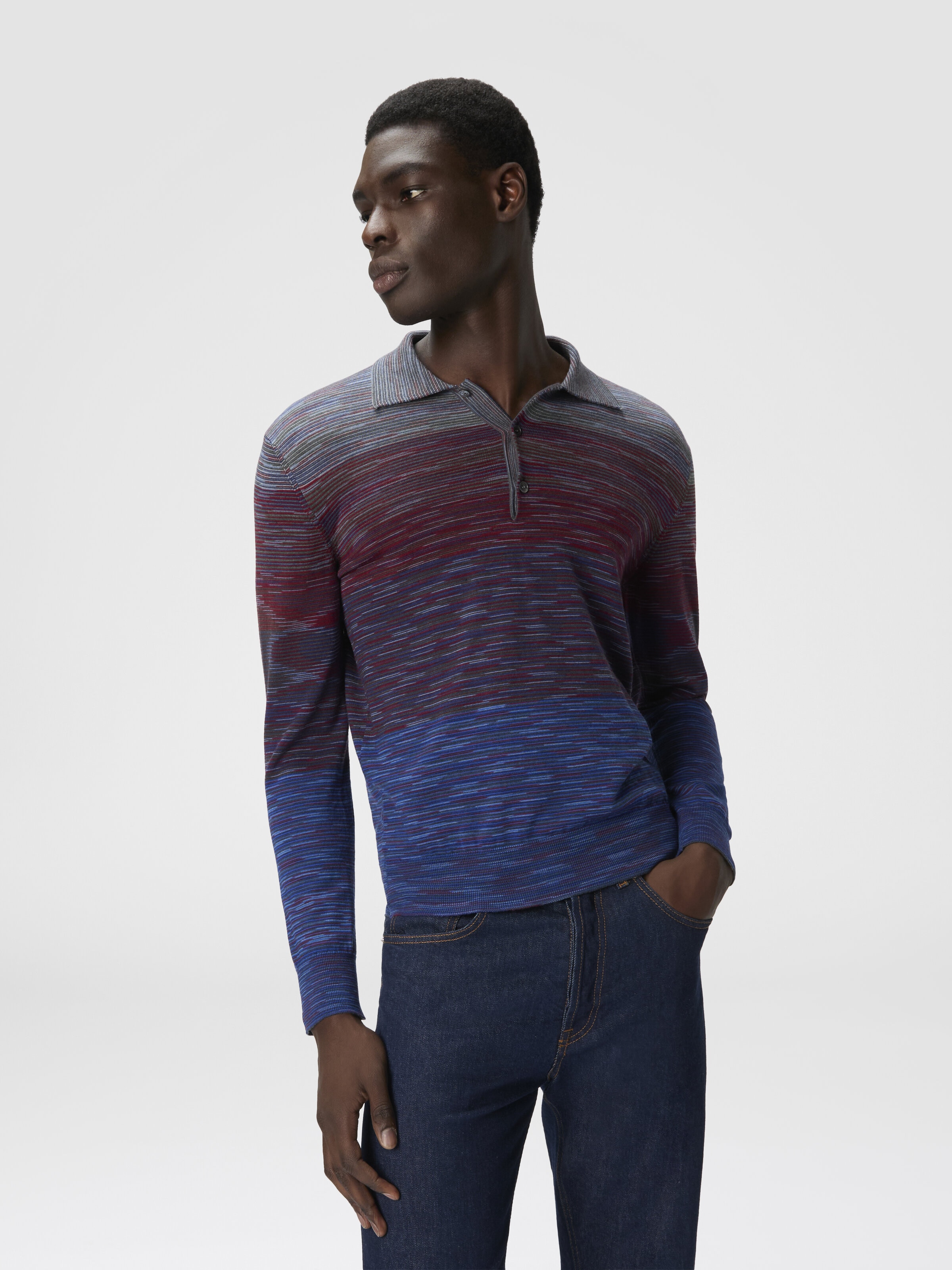 Polo de manga larga de pura lana con motivo flameado, Rojo & Azul Oscuro - 3