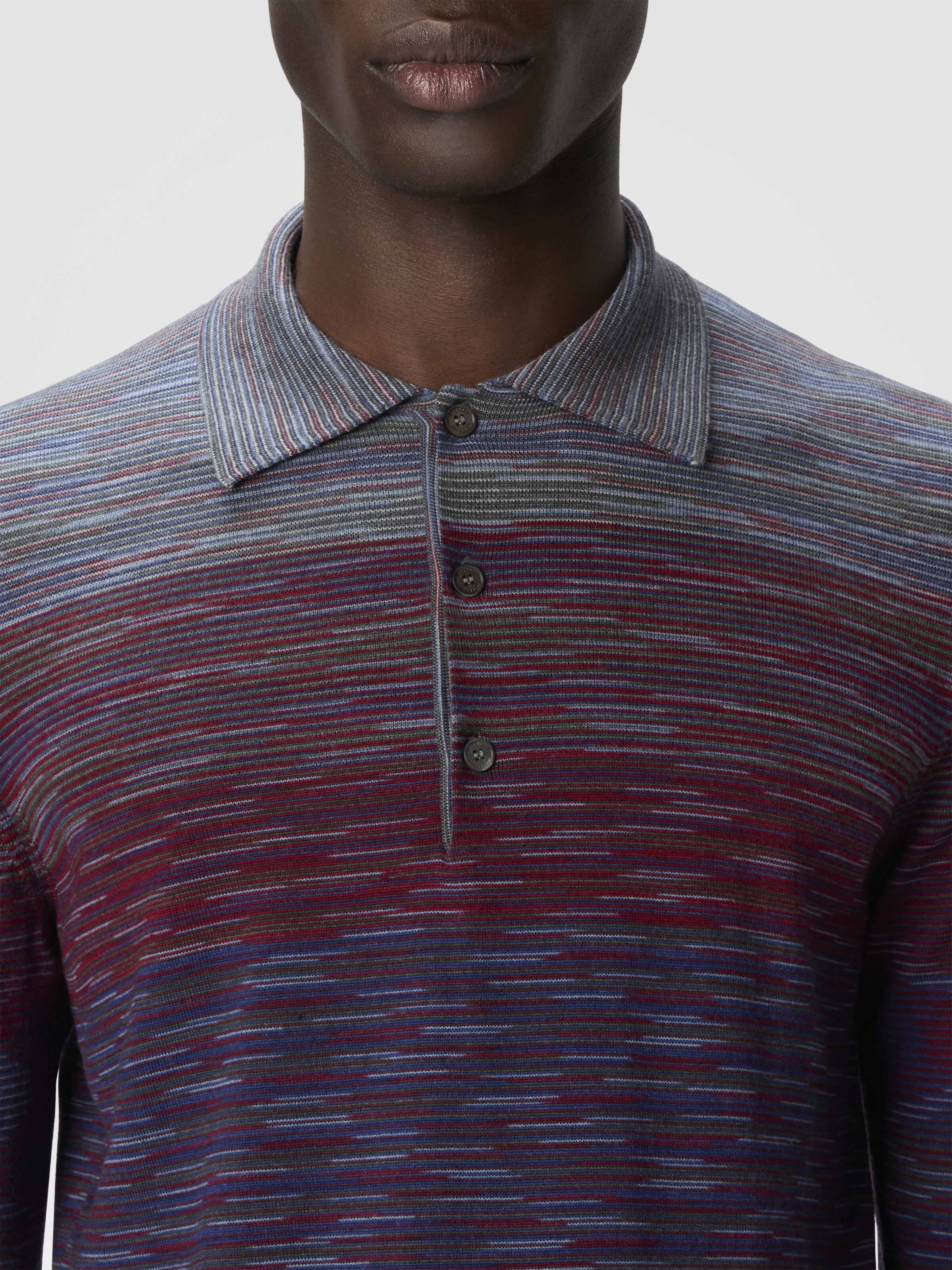 Polo de manga larga de pura lana con motivo flameado, Rojo & Azul Oscuro - 4