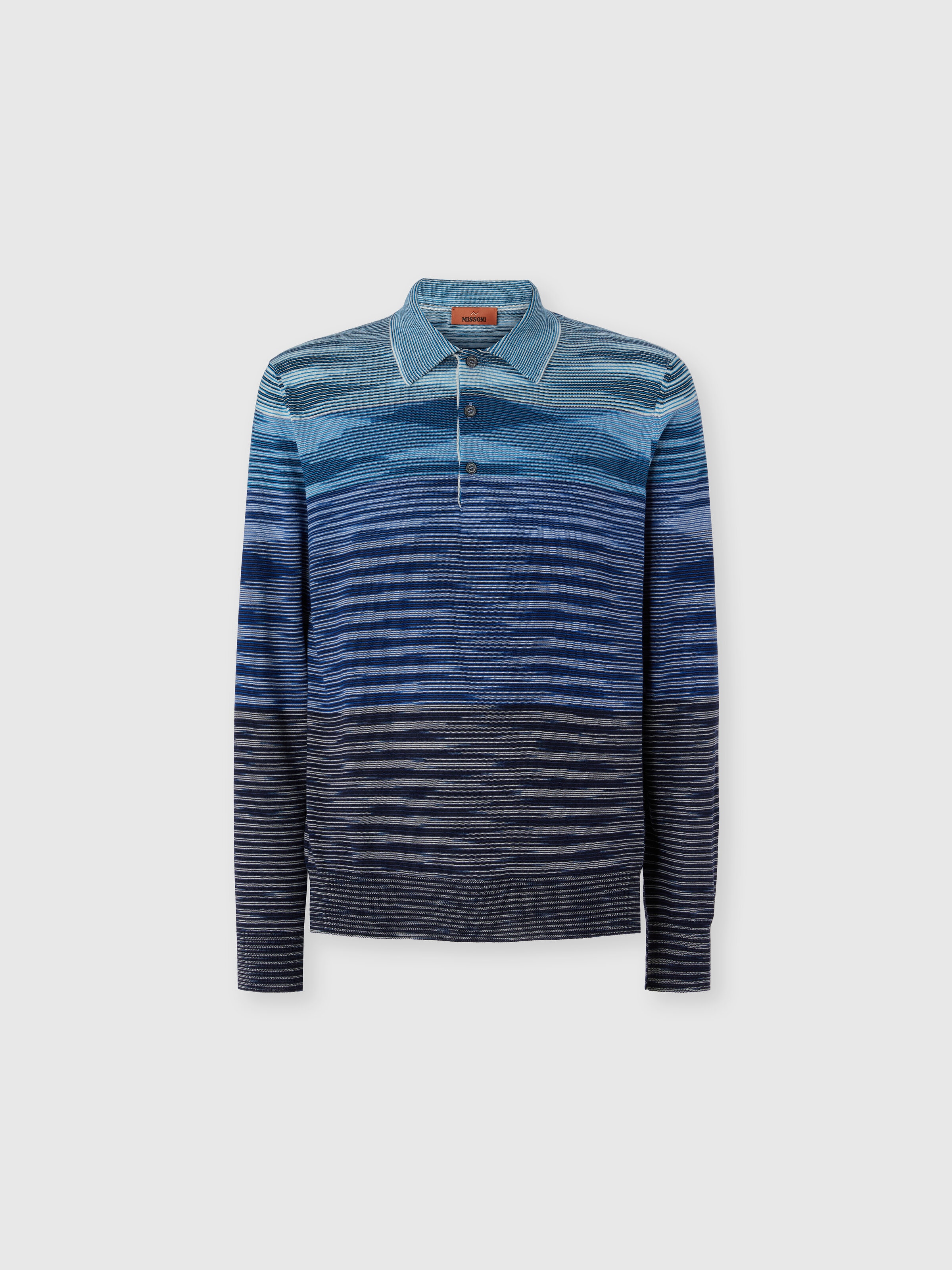 Long Sleeve Polo in Pure Wool with Flame Pattern, Blue - 0