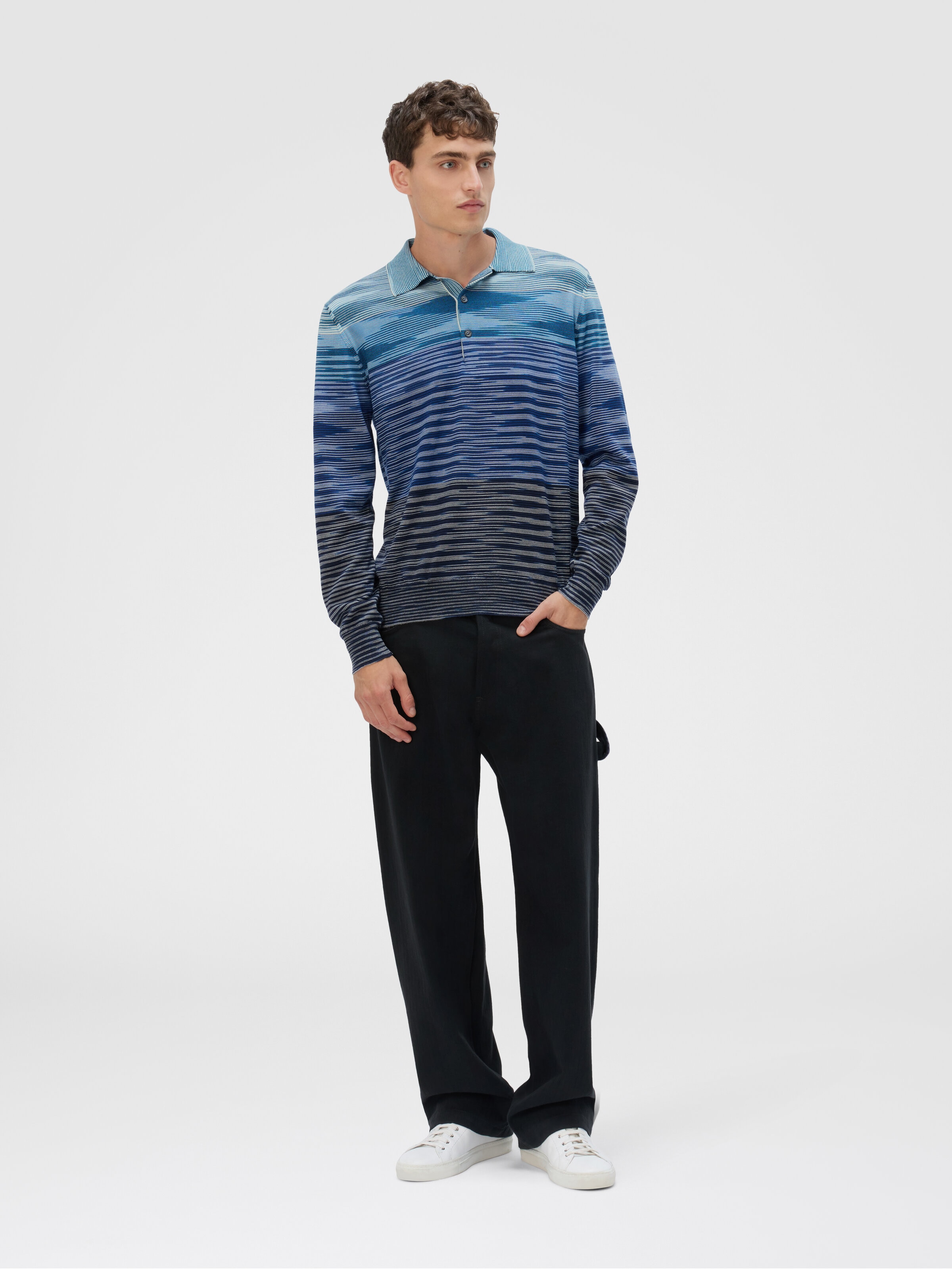 Long Sleeve Polo in Pure Wool with Flame Pattern, Blue - 1