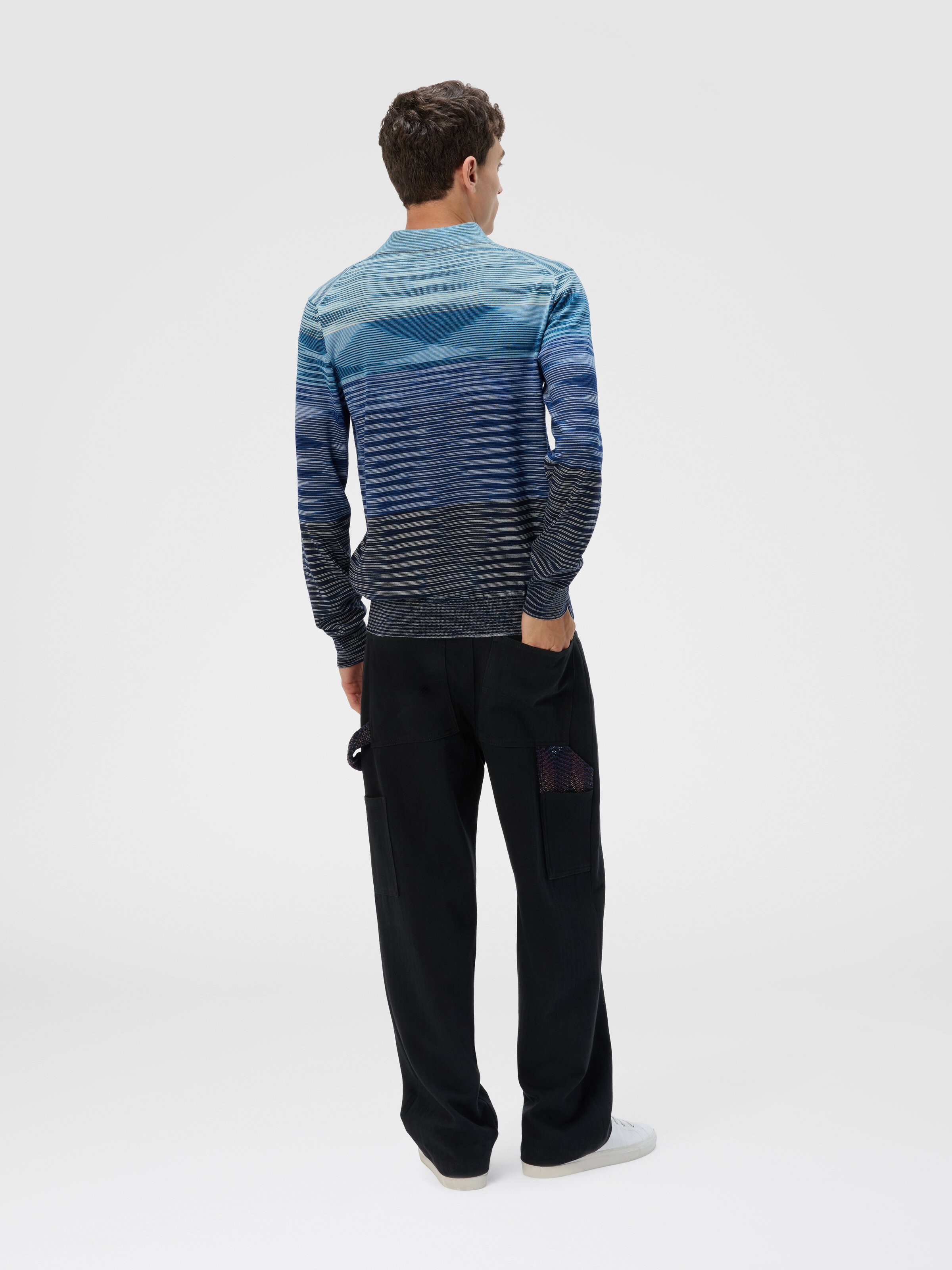 Long Sleeve Polo in Pure Wool with Flame Pattern, Blue - 2