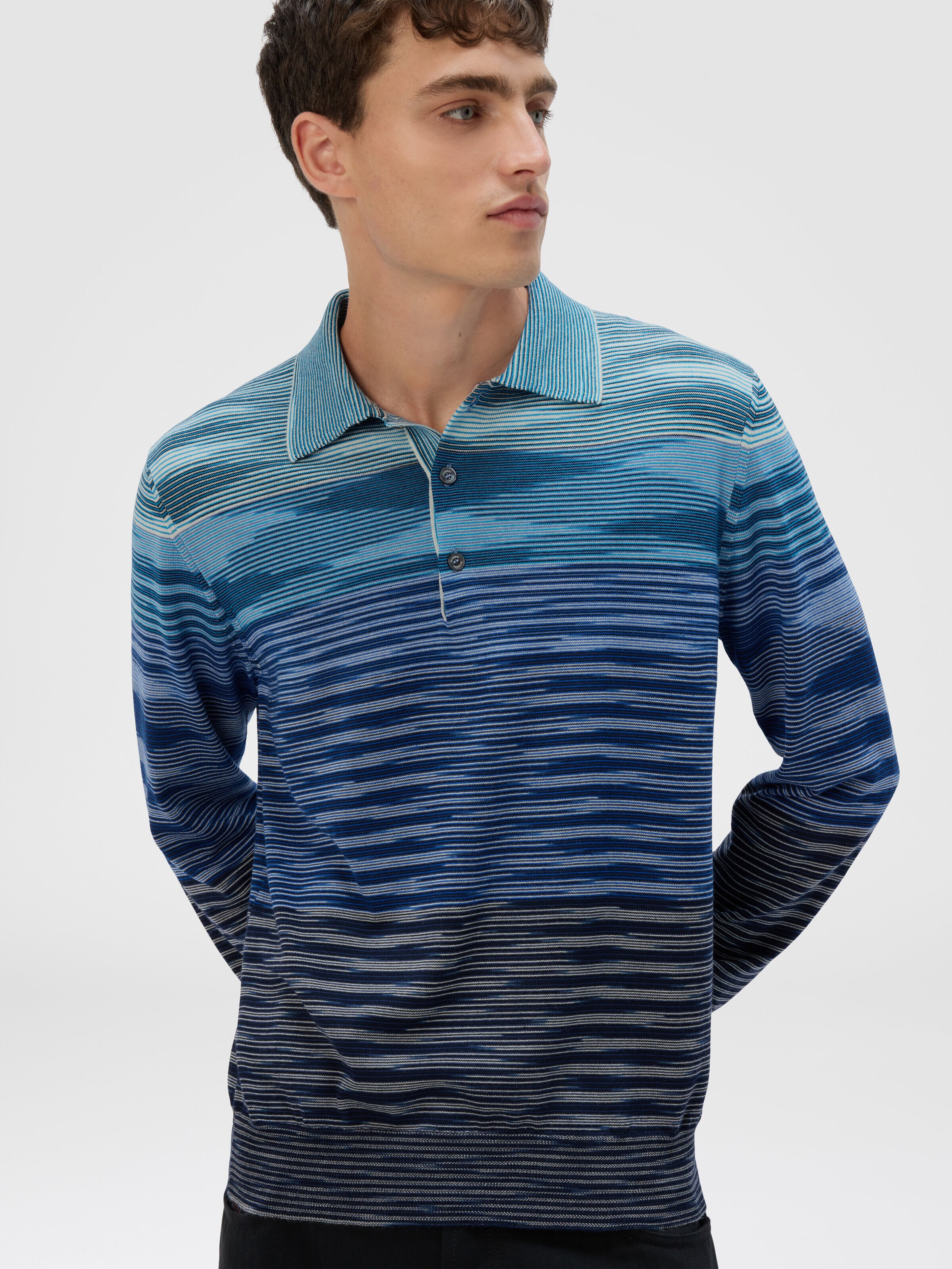 Long Sleeve Polo in Pure Wool with Flame Pattern, Blue - 3