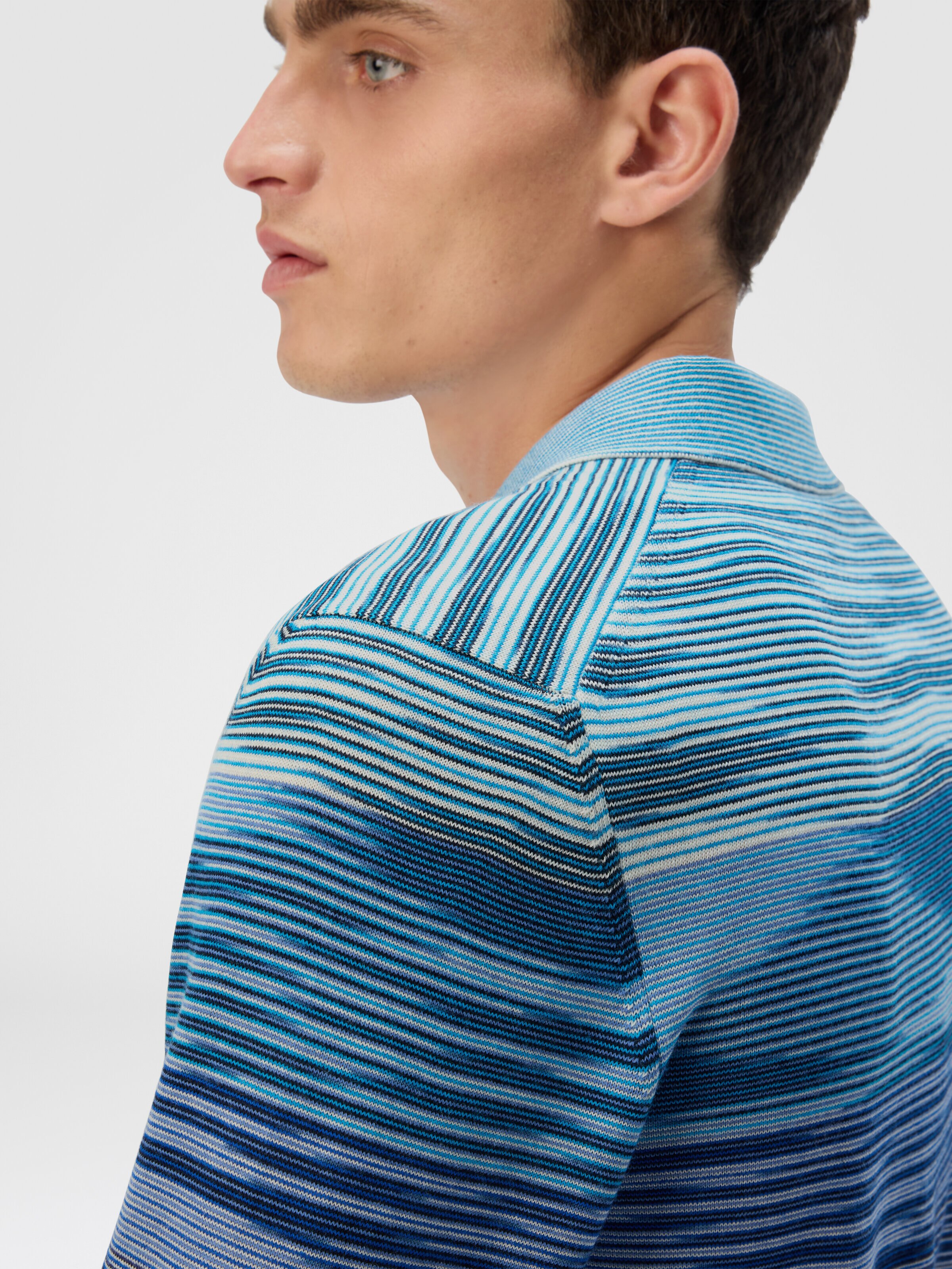 Long Sleeve Polo in Pure Wool with Flame Pattern, Blue - 4