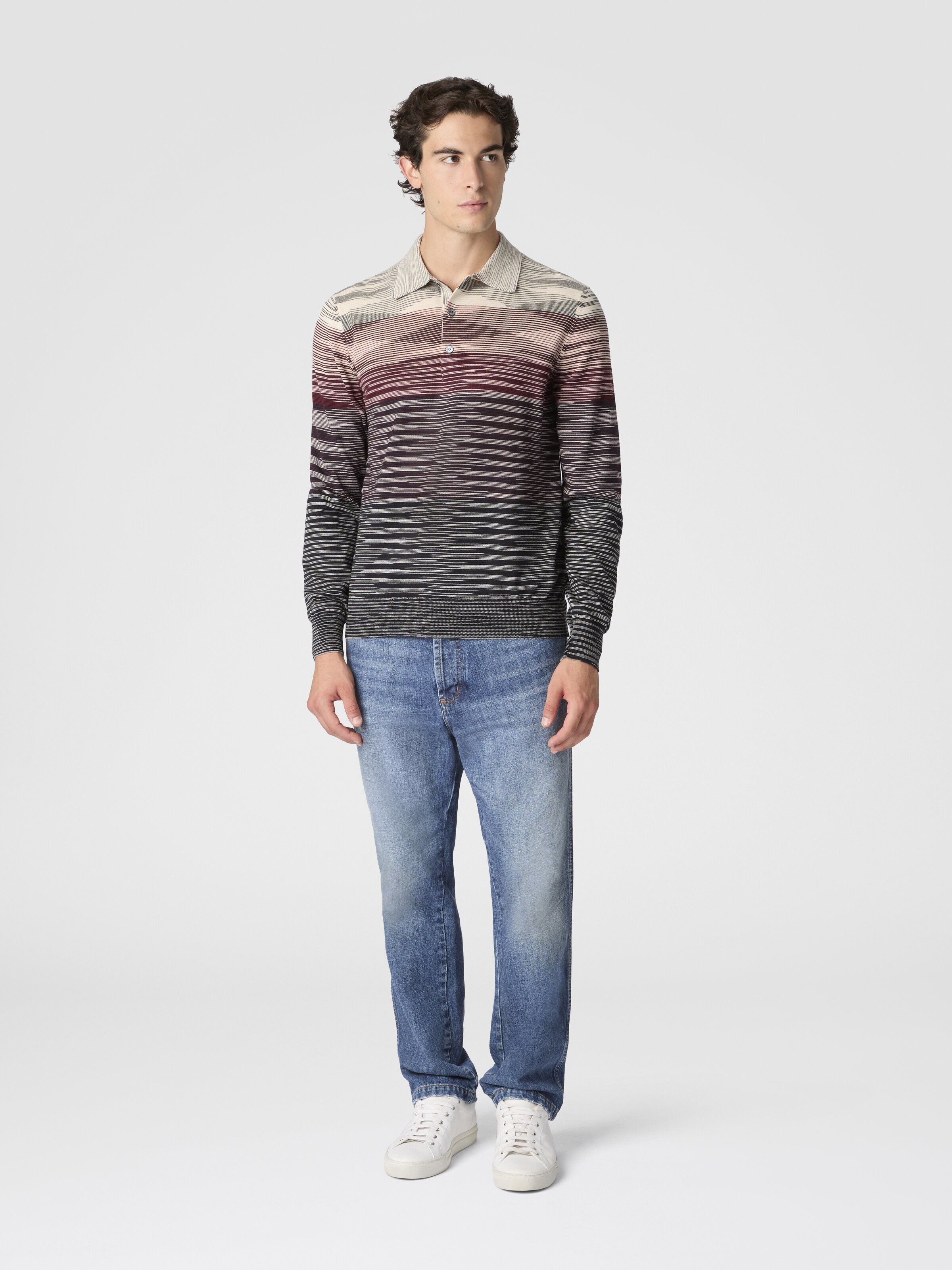 Long Sleeve Polo in Pure Wool with Flame Pattern, Beige & Burgundy - 1