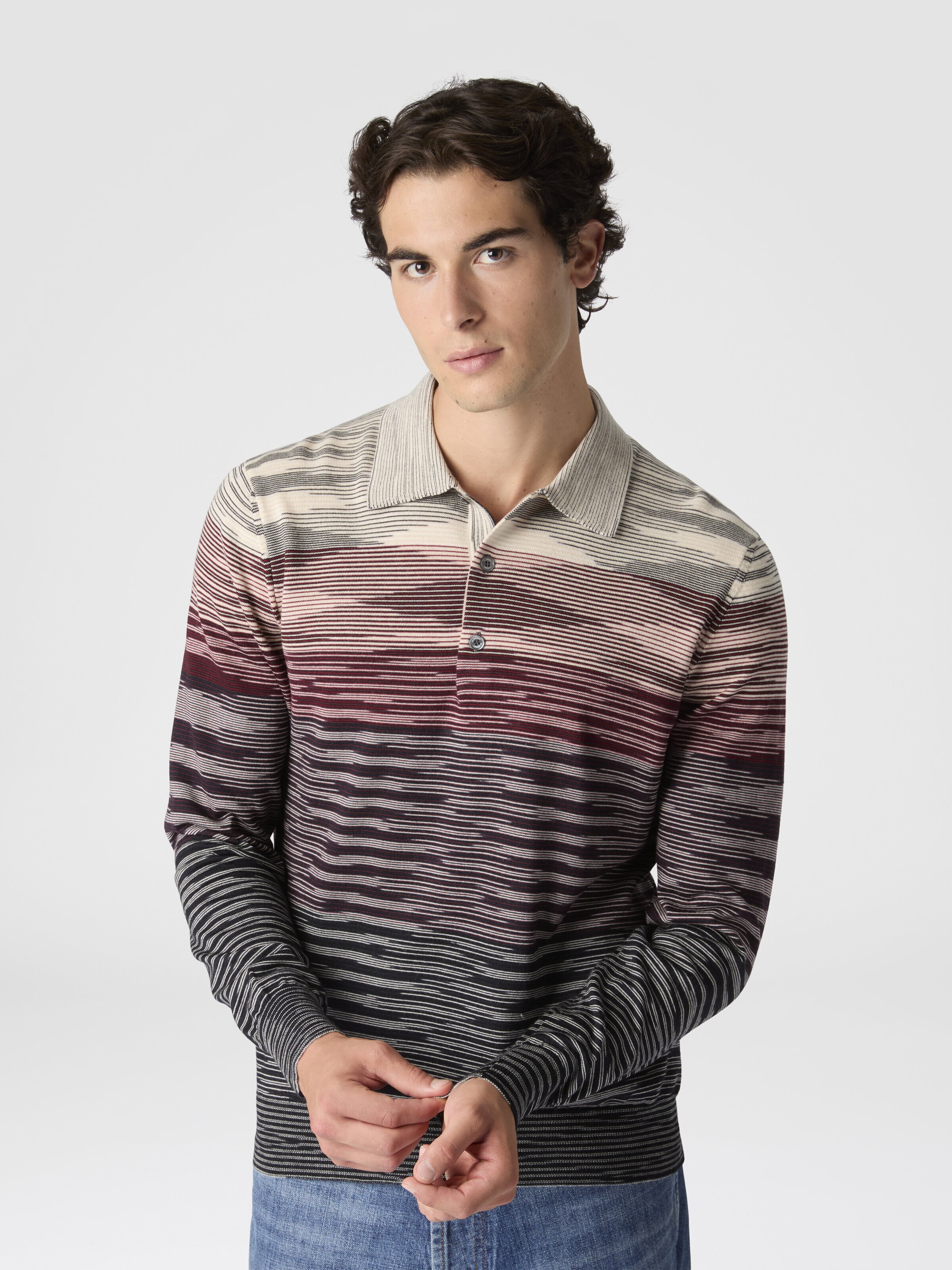 Long Sleeve Polo in Pure Wool with Flame Pattern, Beige & Burgundy - 3