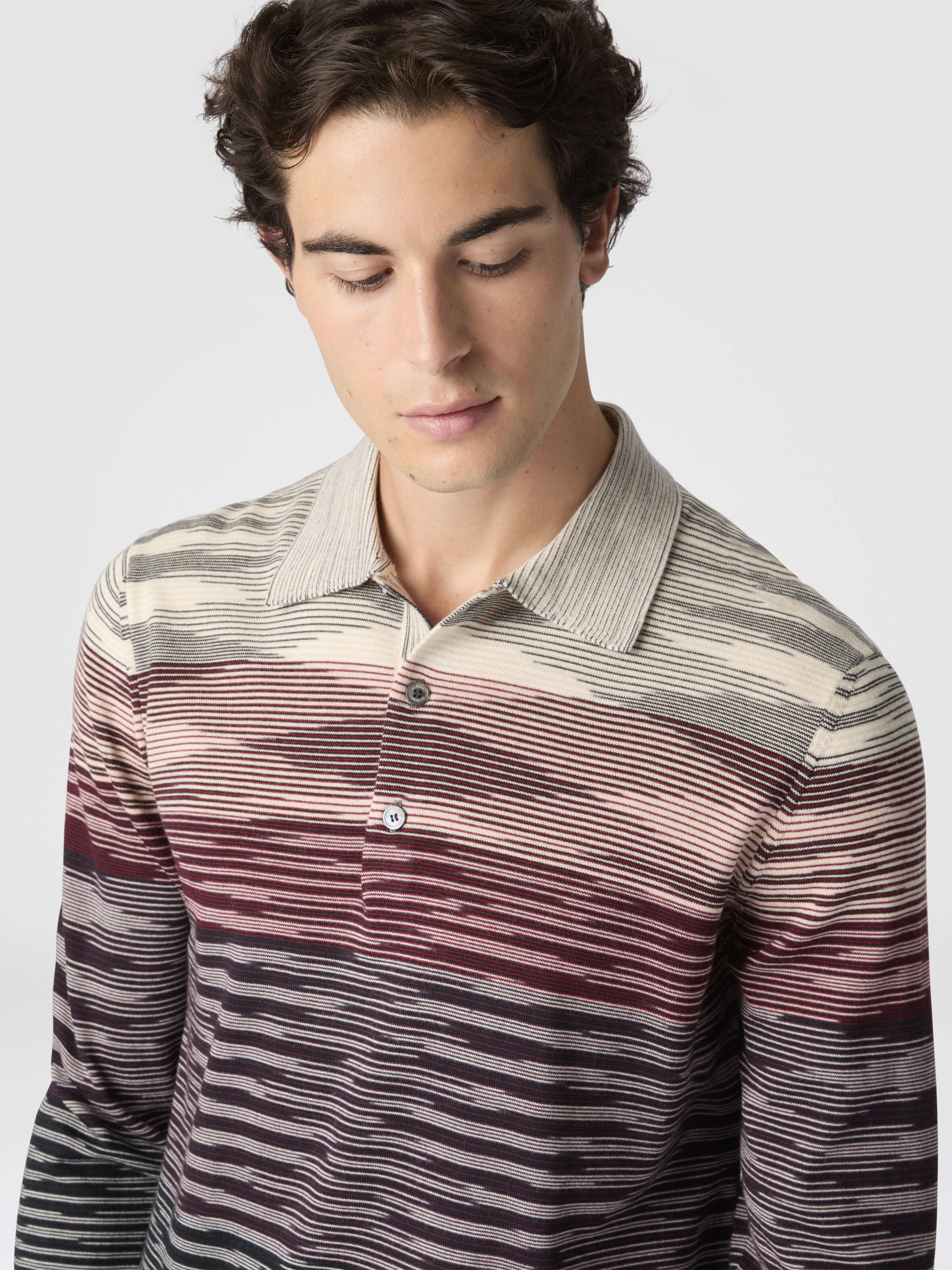 Long Sleeve Polo in Pure Wool with Flame Pattern, Beige & Burgundy - 4