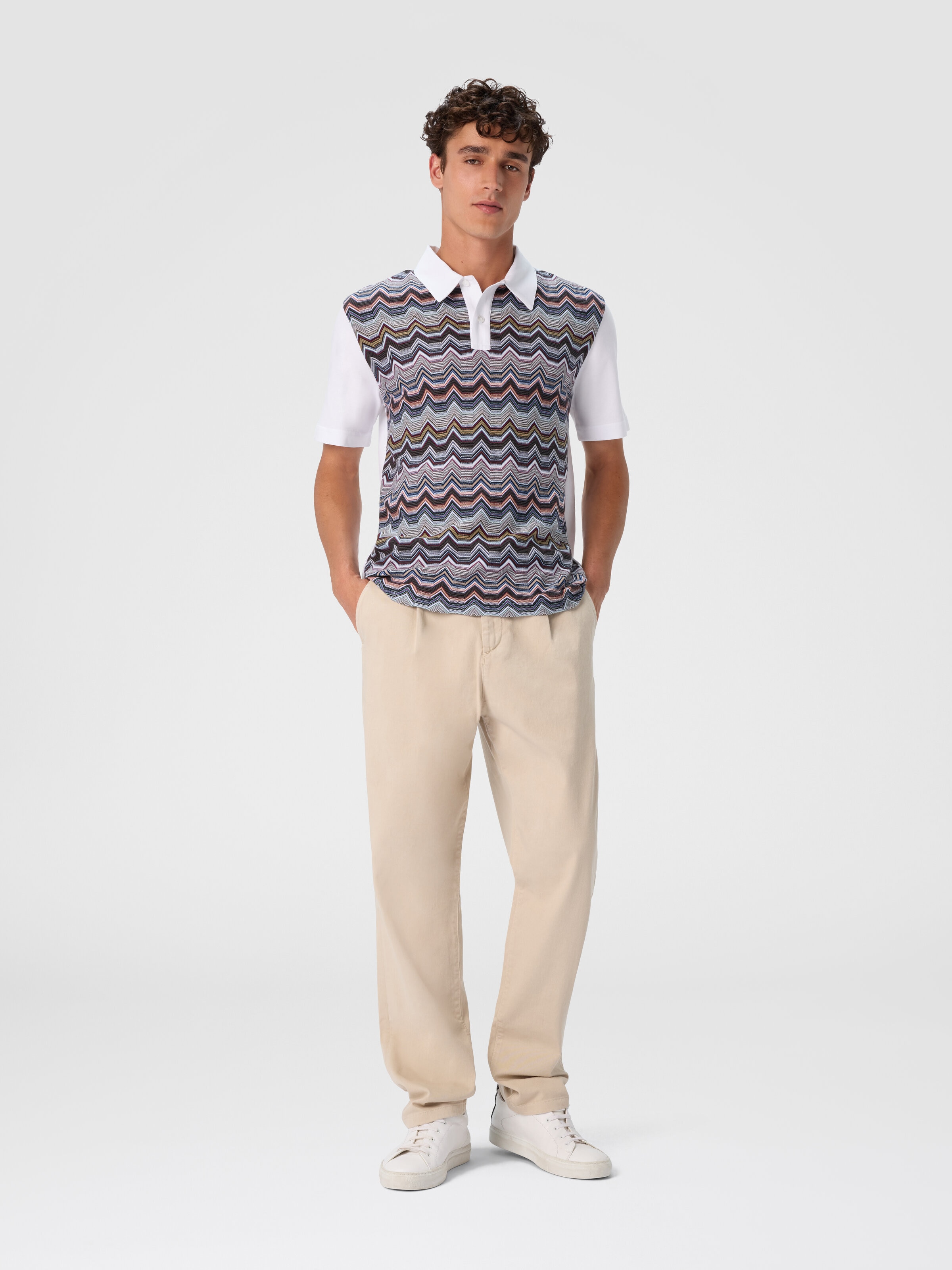 Short Sleeve Polo with Geometric Zigzag Pattern, Multicoloured  - 1