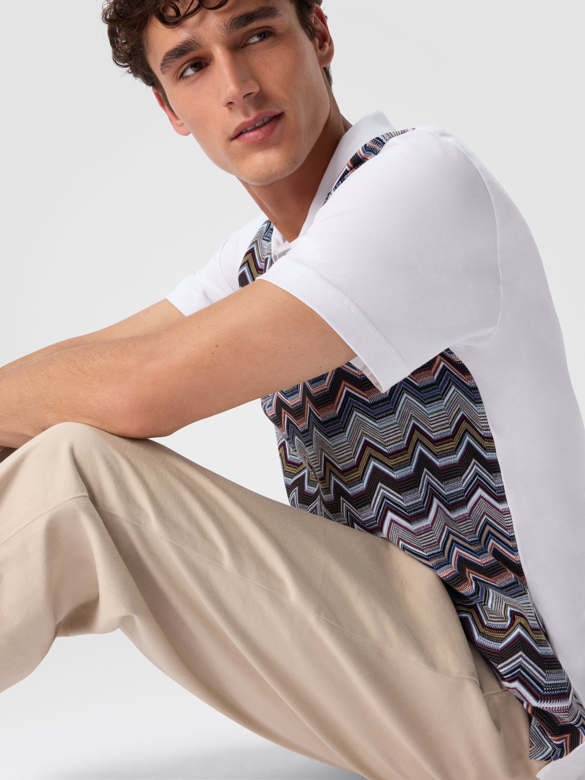 Short Sleeve Polo with Geometric Zigzag Pattern, Multicoloured  - 3