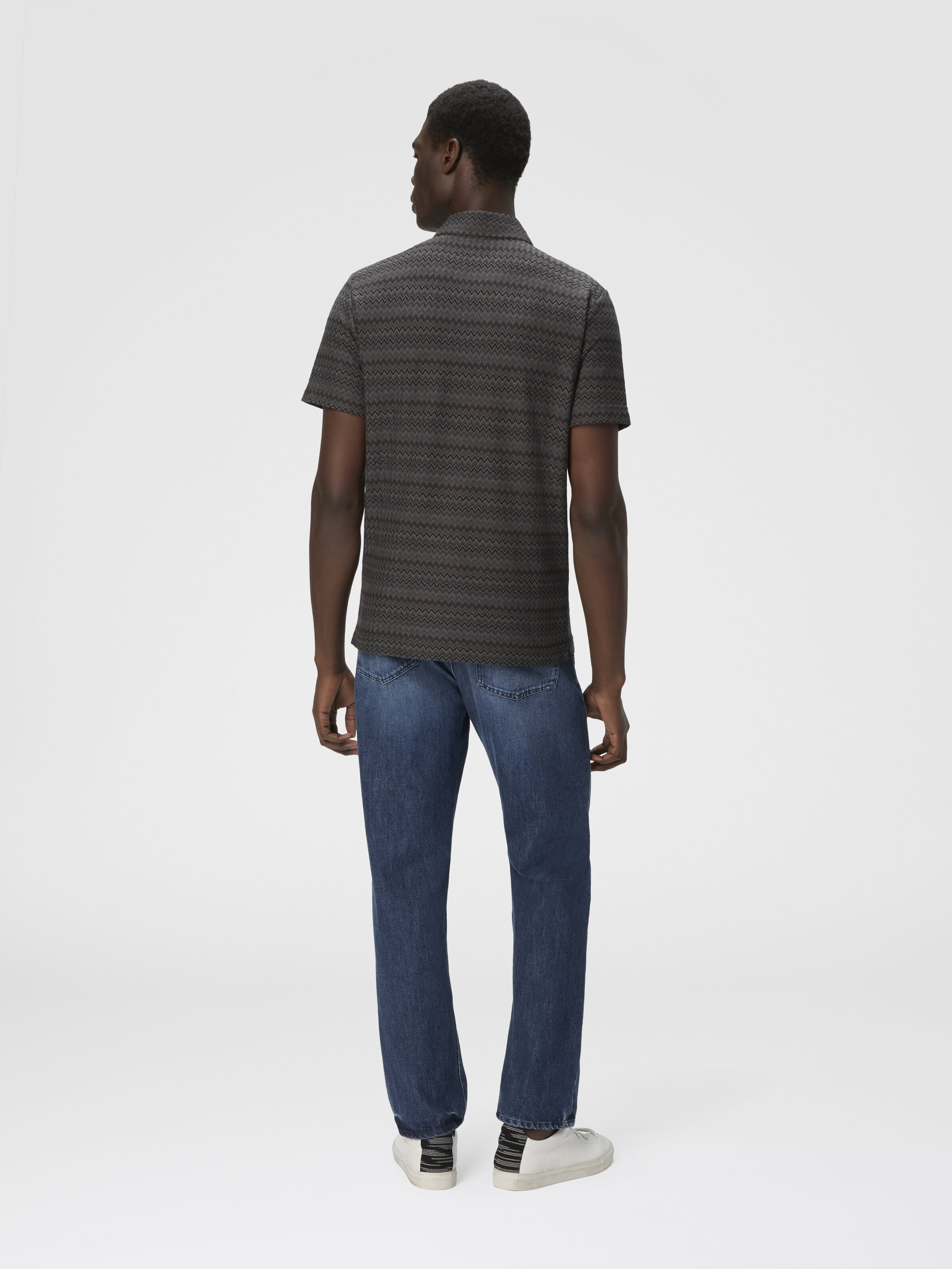 Short Sleeve Cotton Polo with Zigzag Pattern, Grey - 2