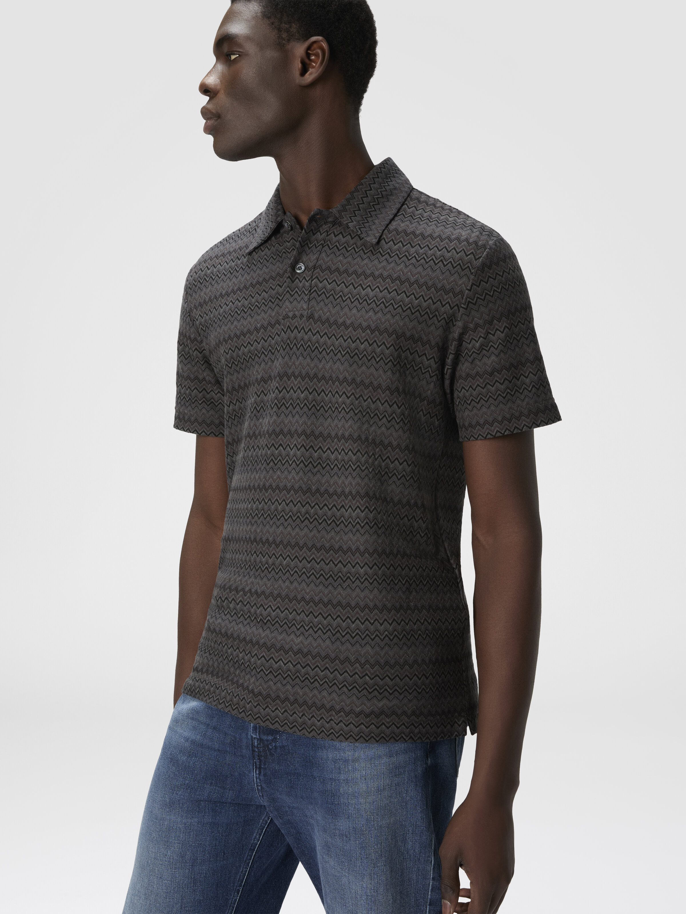Short Sleeve Cotton Polo with Zigzag Pattern, Grey - 3