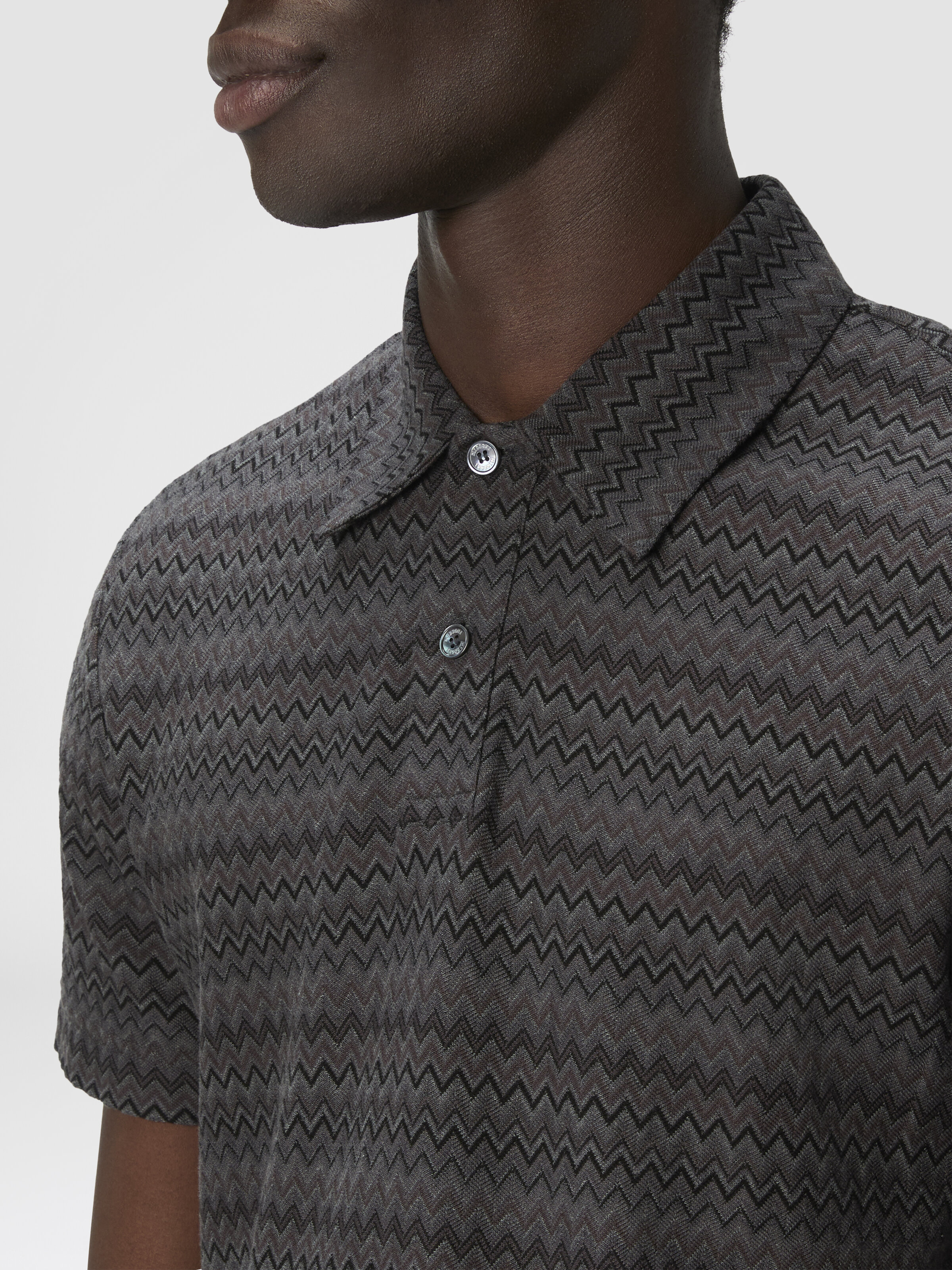 Short Sleeve Cotton Polo with Zigzag Pattern, Grey - 4