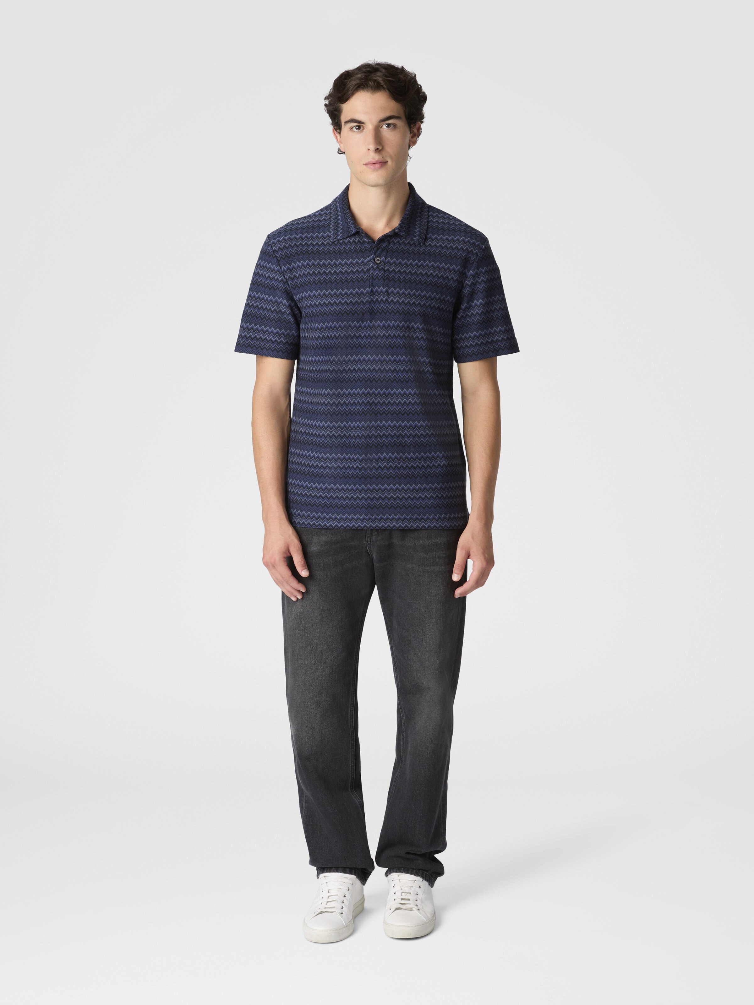 Short Sleeve Cotton Polo with Zigzag Pattern, Blue - 1