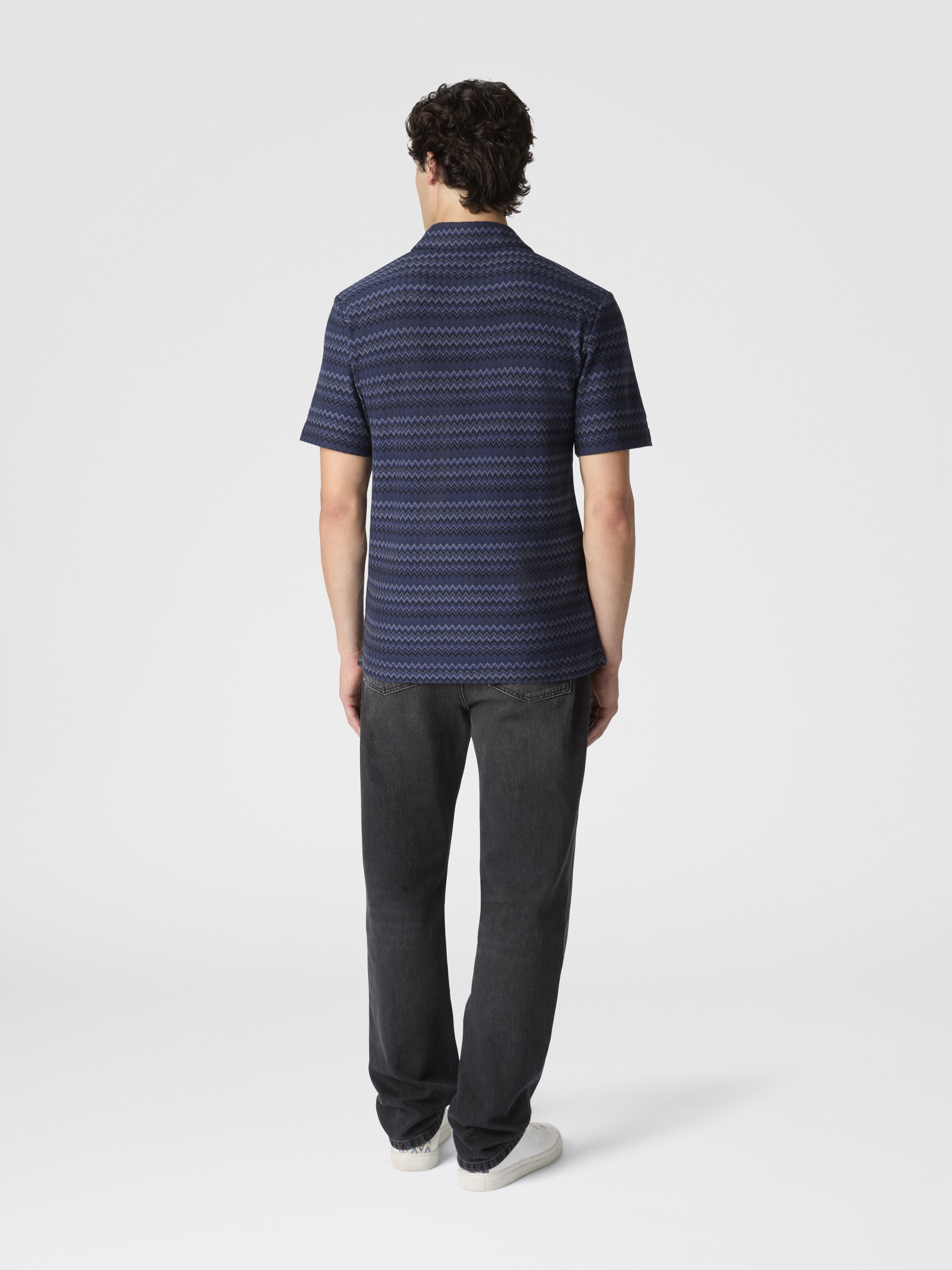 Short Sleeve Cotton Polo with Zigzag Pattern, Blue - 2