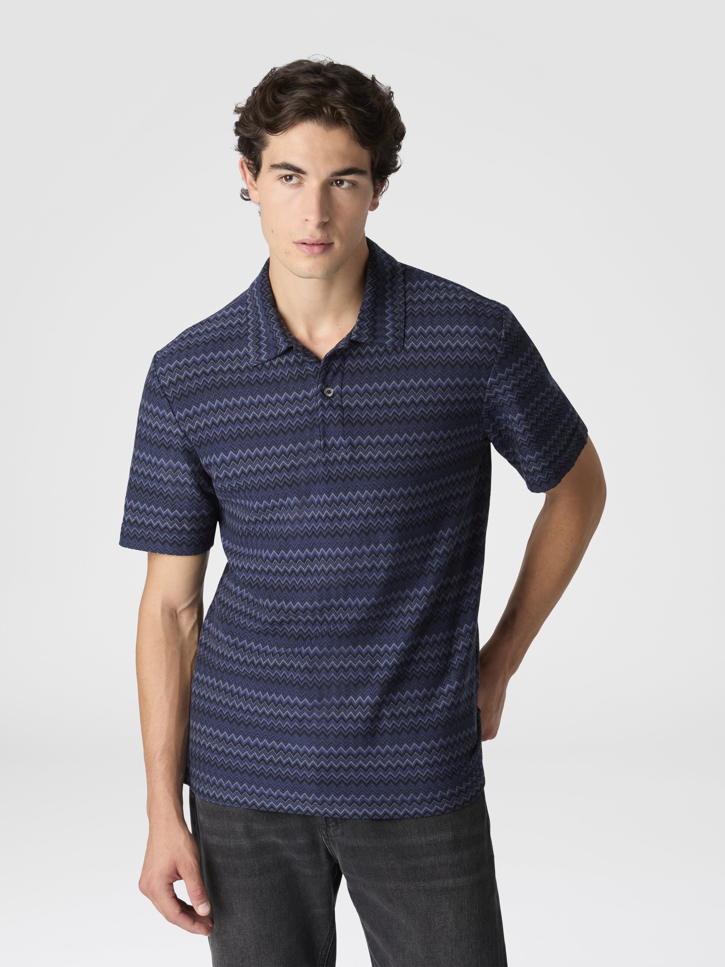 Short Sleeve Cotton Polo with Zigzag Pattern, Blue - 3
