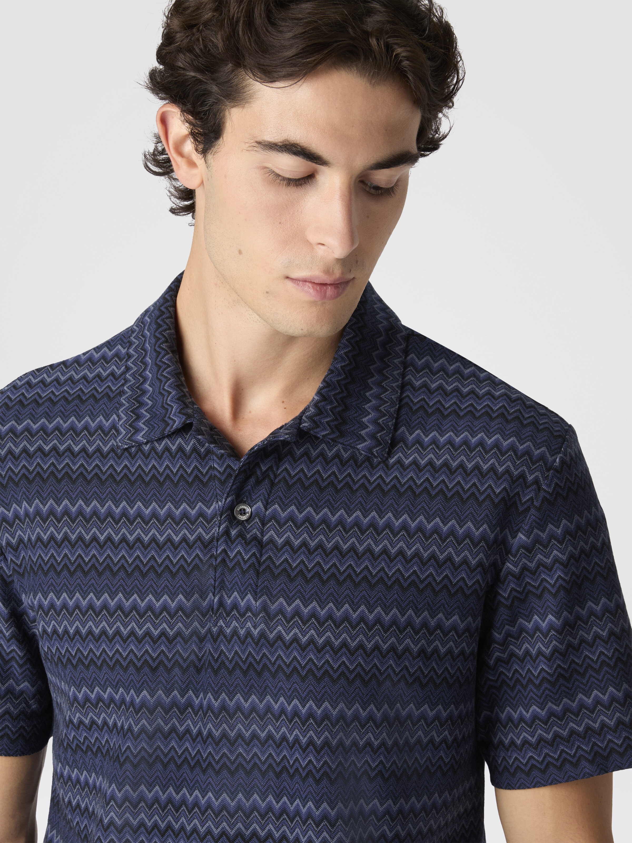 Short Sleeve Cotton Polo with Zigzag Pattern, Blue - 4