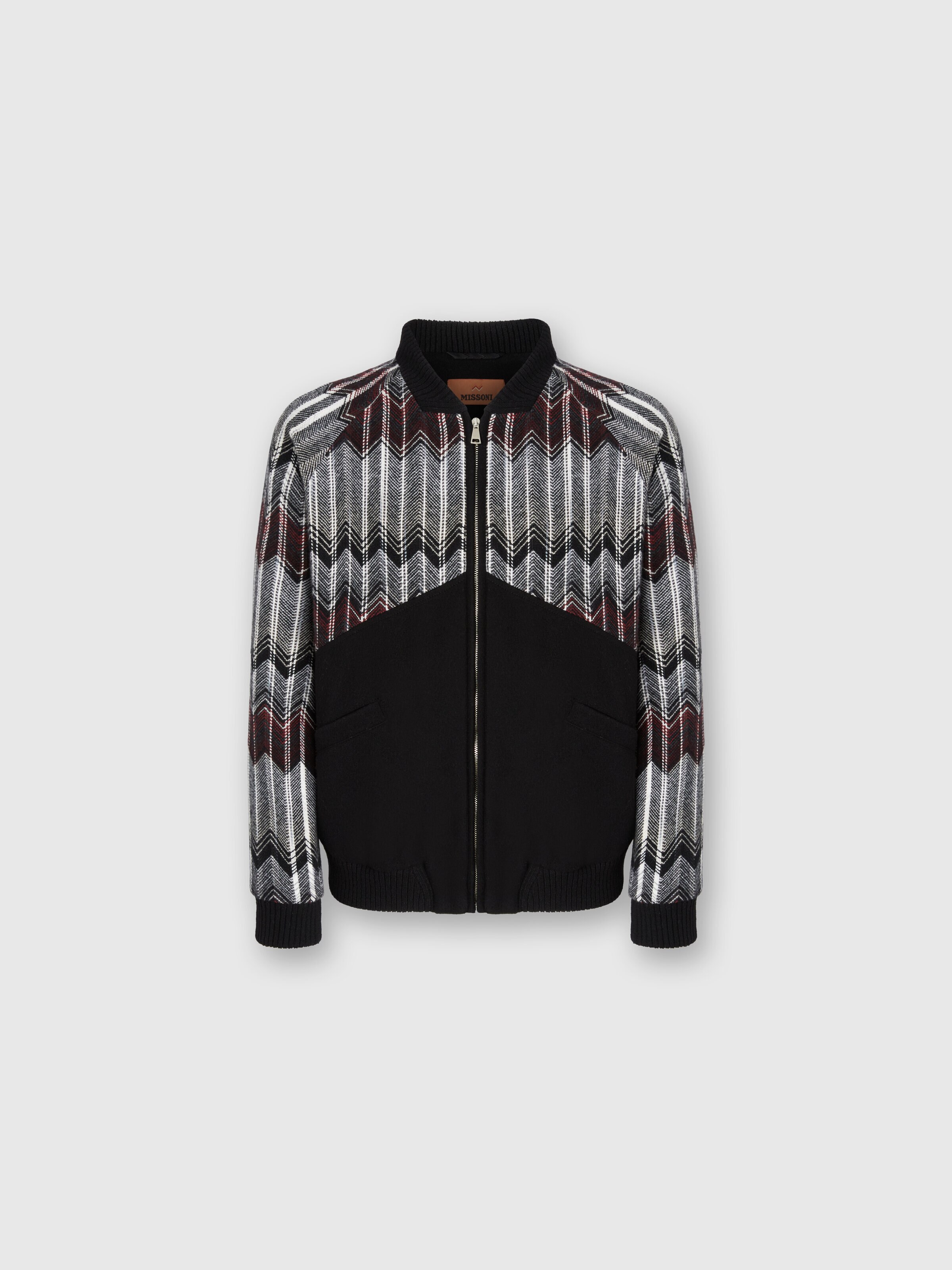 Bomber with Zigzag Insert in Wool Blend, Beige & Burgundy - 0