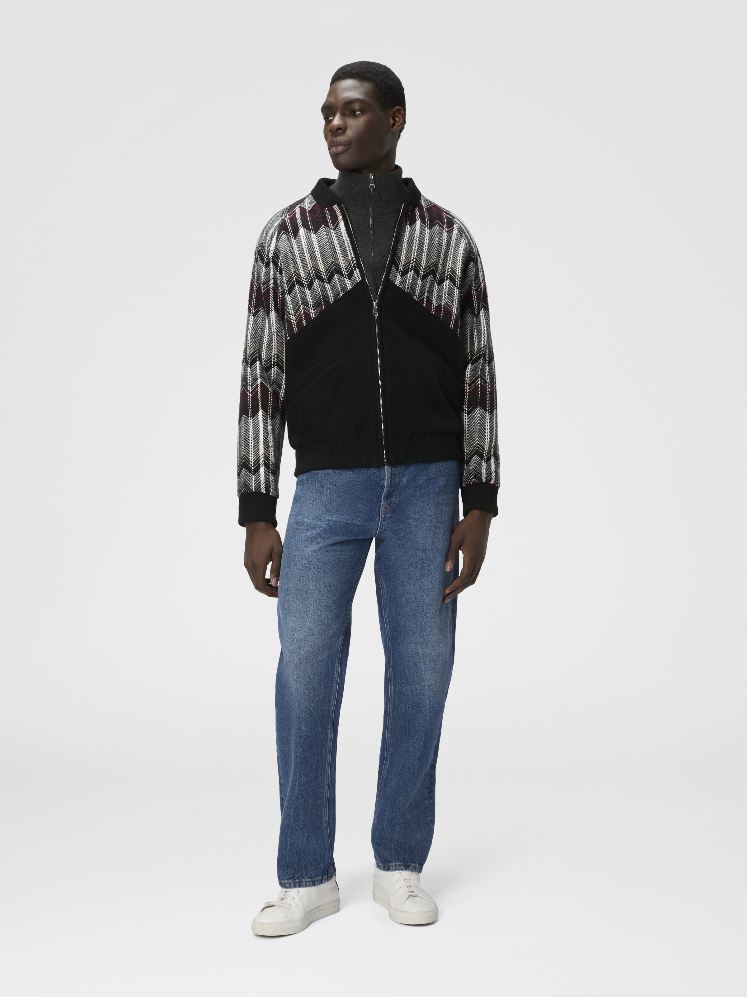 Bomber with Zigzag Insert in Wool Blend, Beige & Burgundy - 1