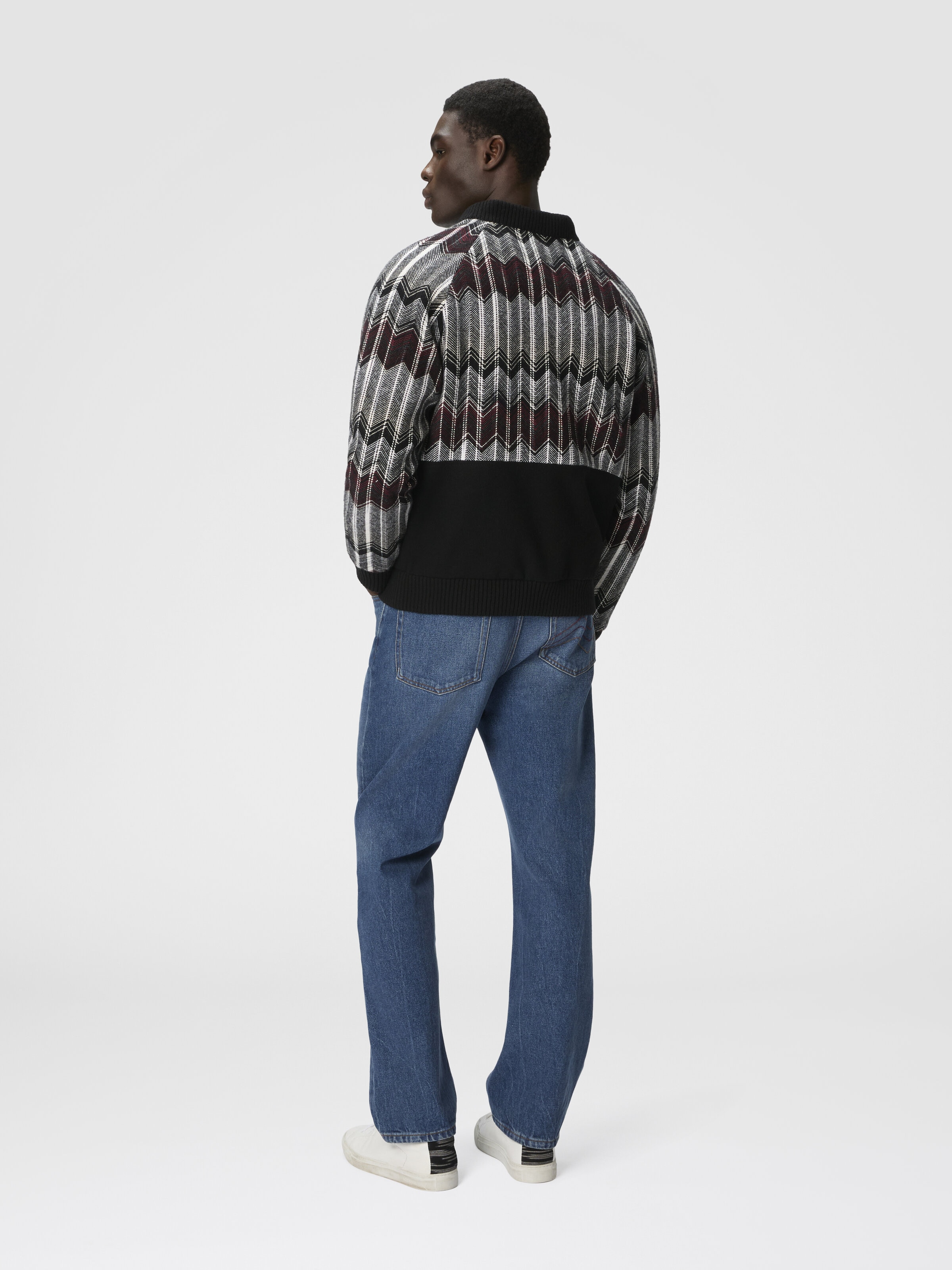 Bomber with Zigzag Insert in Wool Blend, Beige & Burgundy - 2