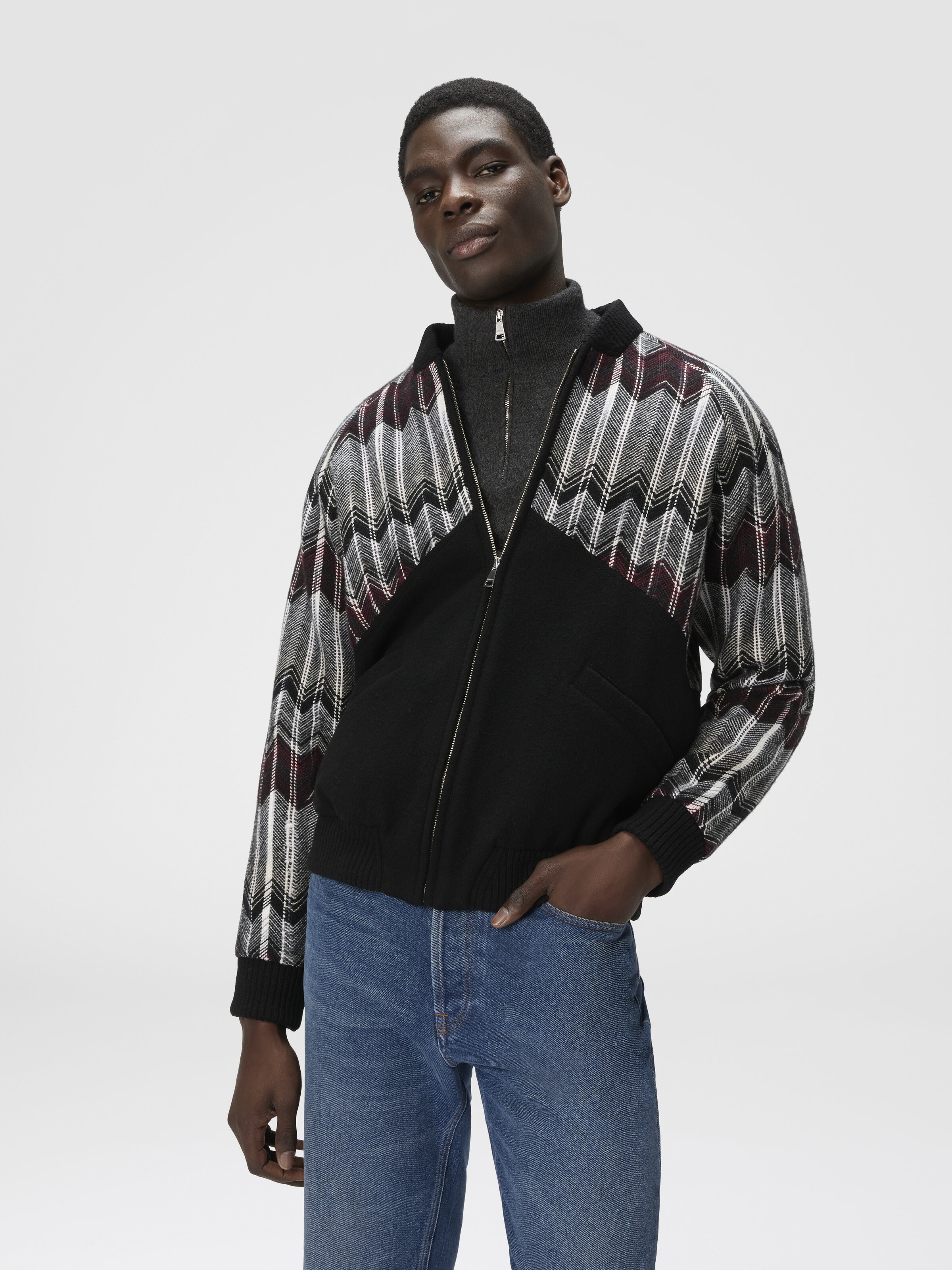 Bomber with Zigzag Insert in Wool Blend, Beige & Burgundy - 3