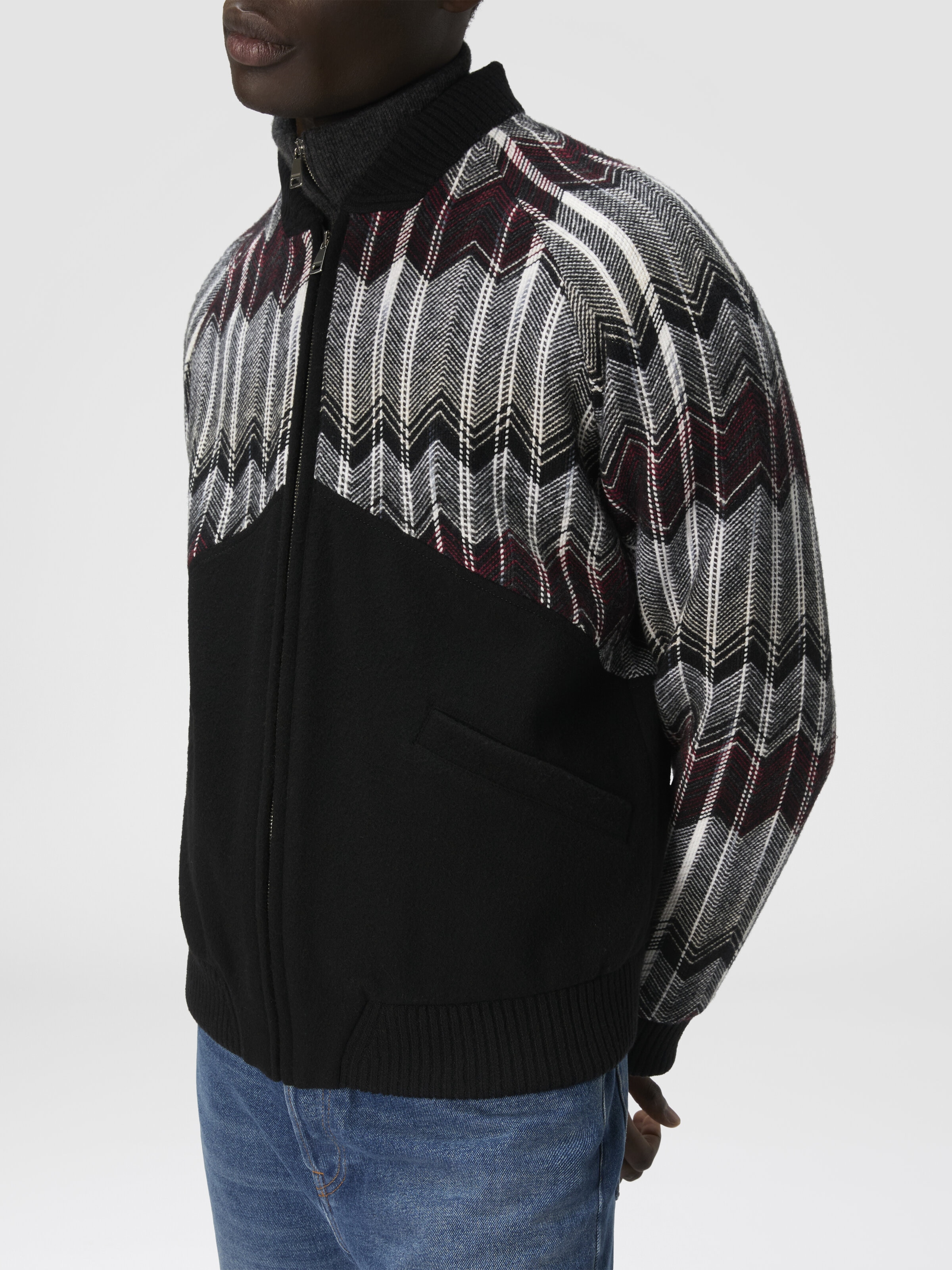Bomber with Zigzag Insert in Wool Blend, Beige & Burgundy - 4