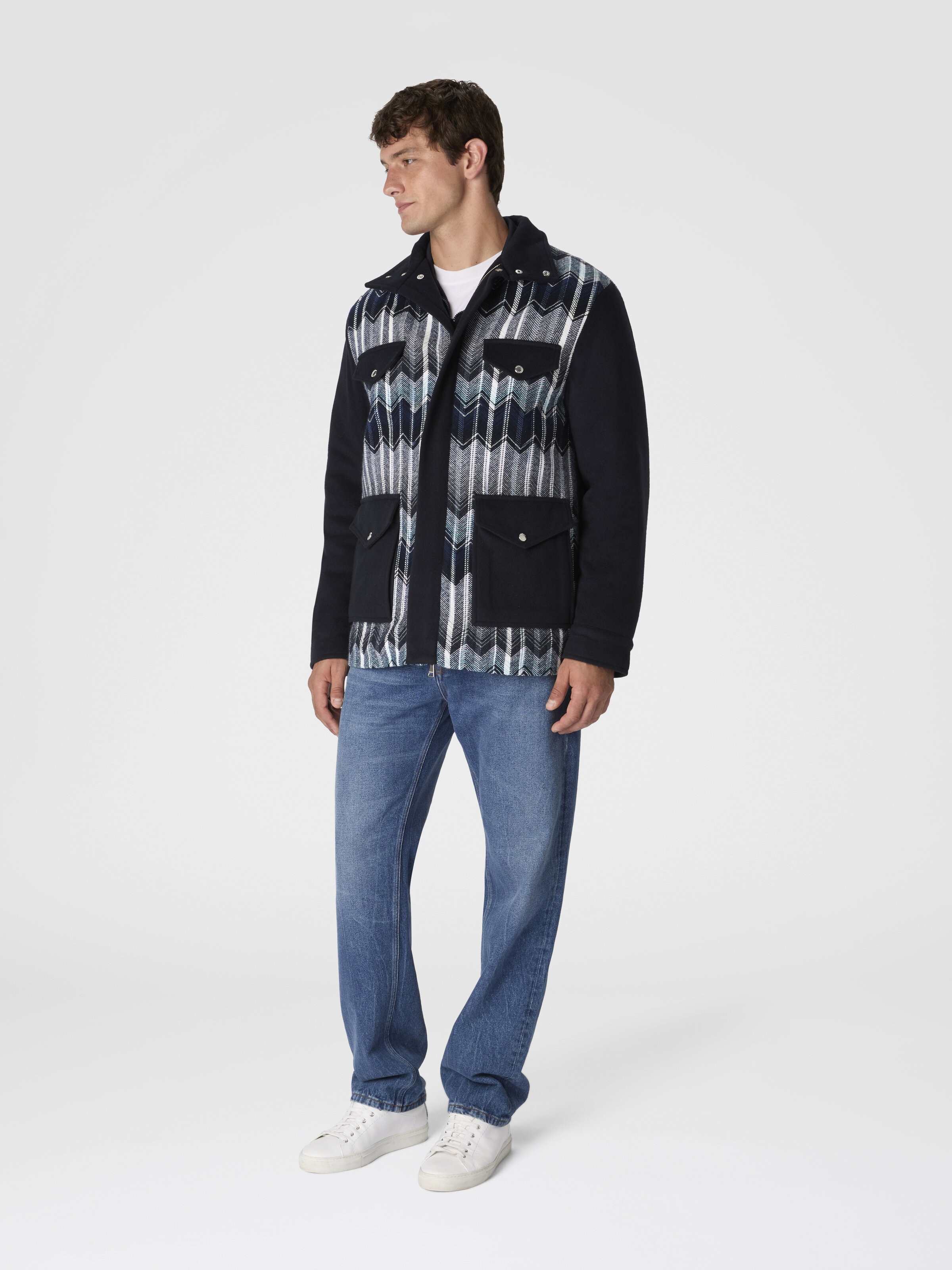 Field Jacket with Zigzag Pattern, Black & Blue - 1