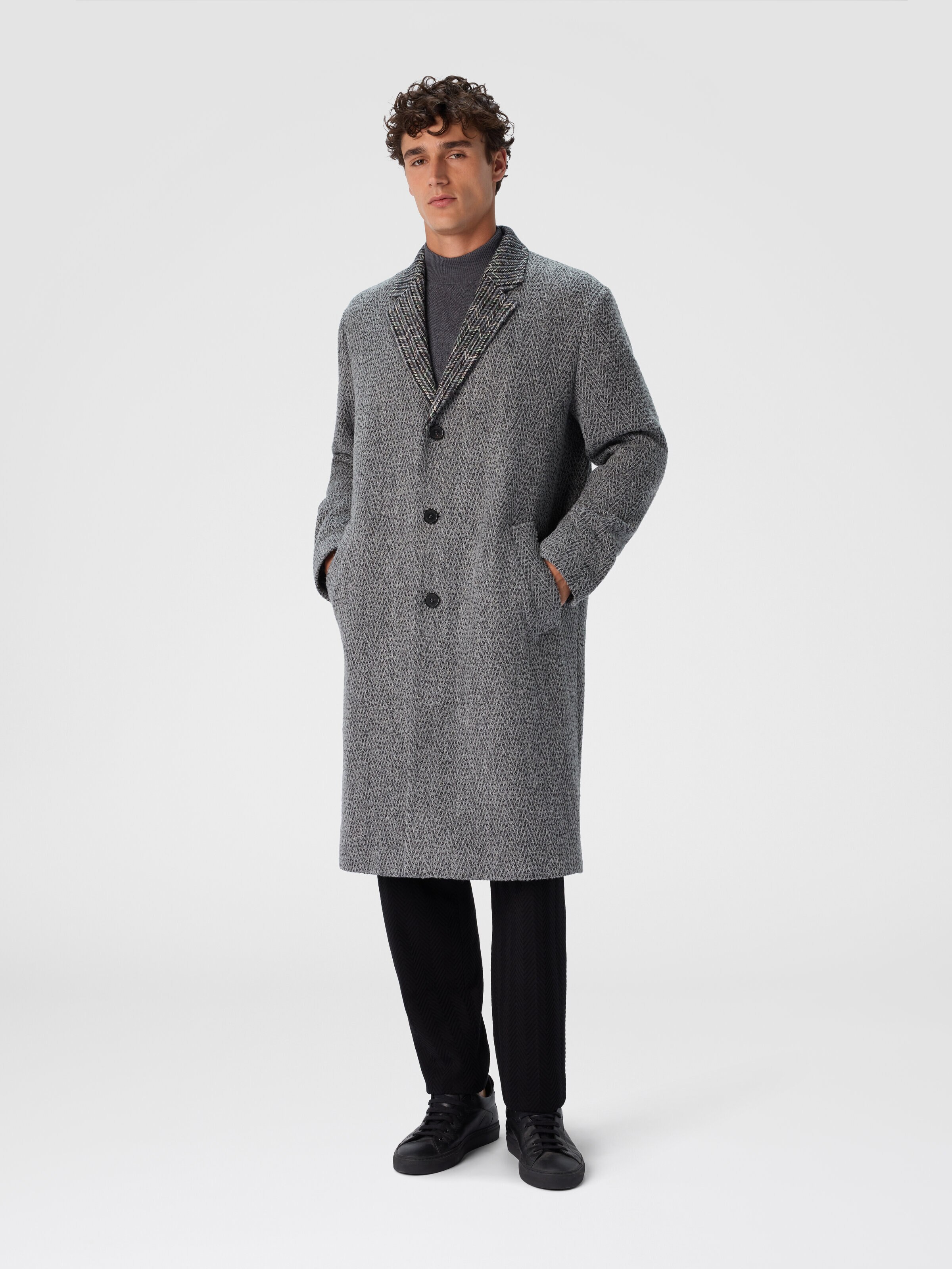 Wool Cloth Coat with Chevron Pattern, Grey - 1