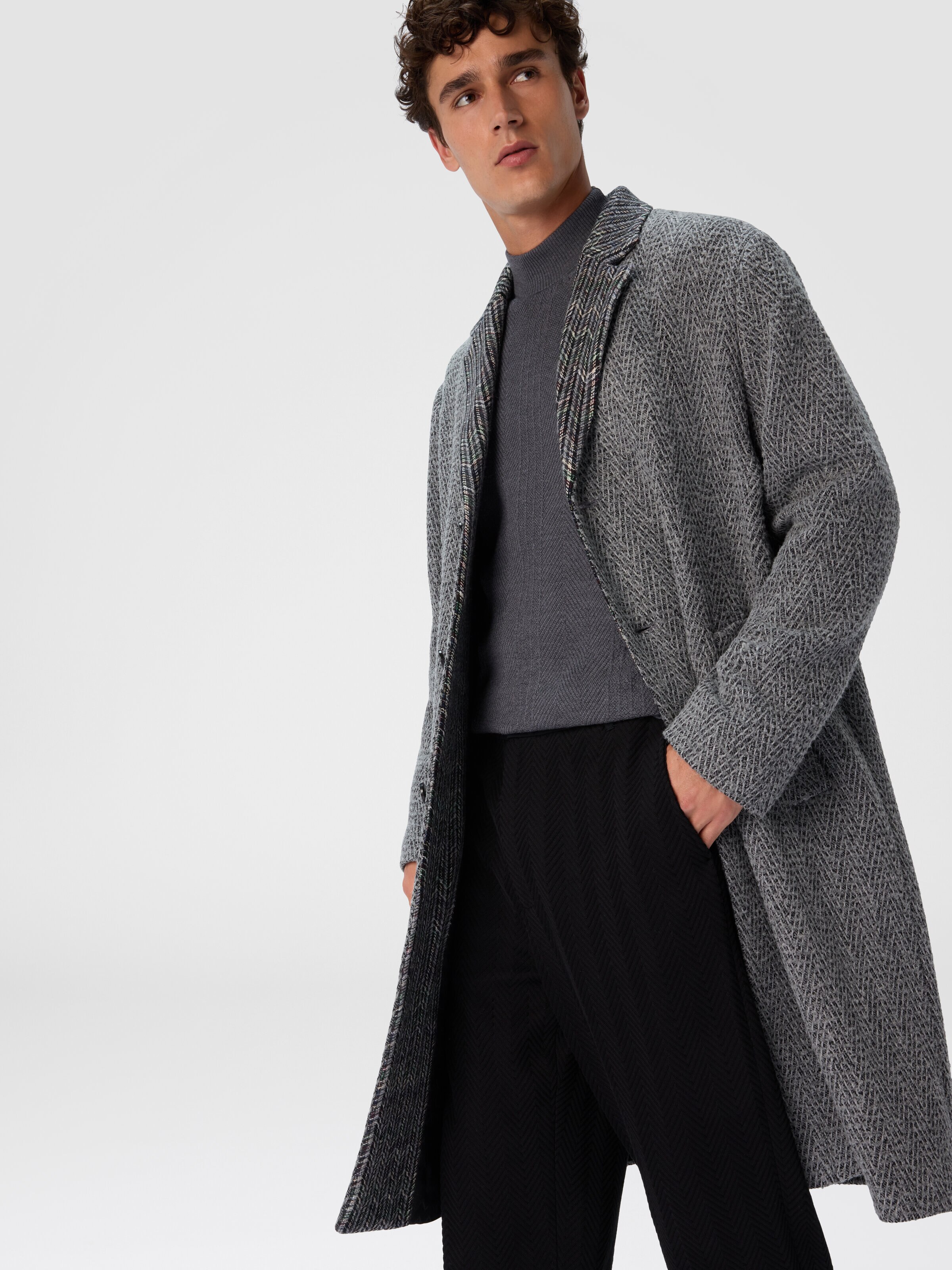 Wool Cloth Coat with Chevron Pattern, Grey - 3