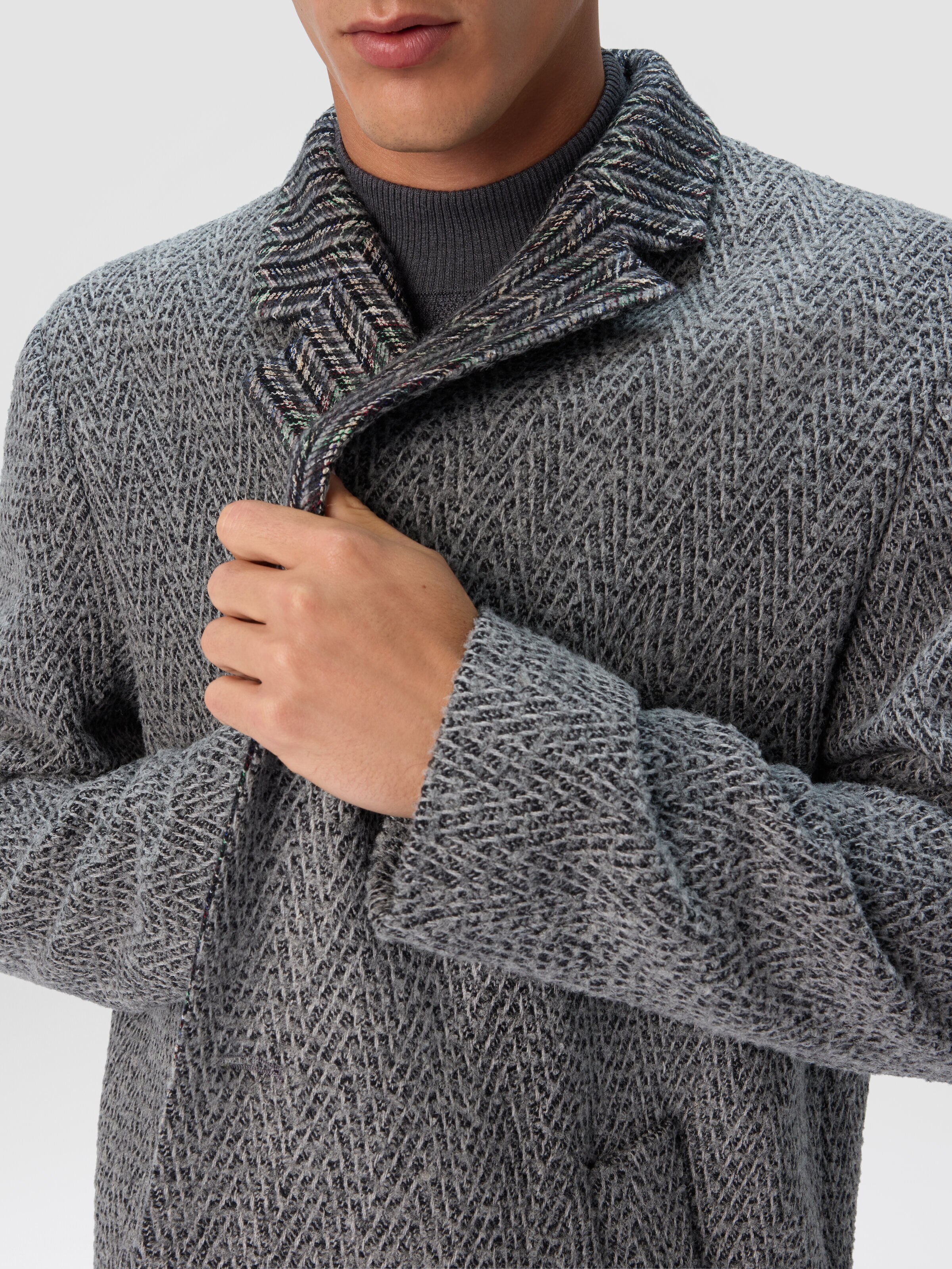 Wool Cloth Coat with Chevron Pattern, Grey - 4