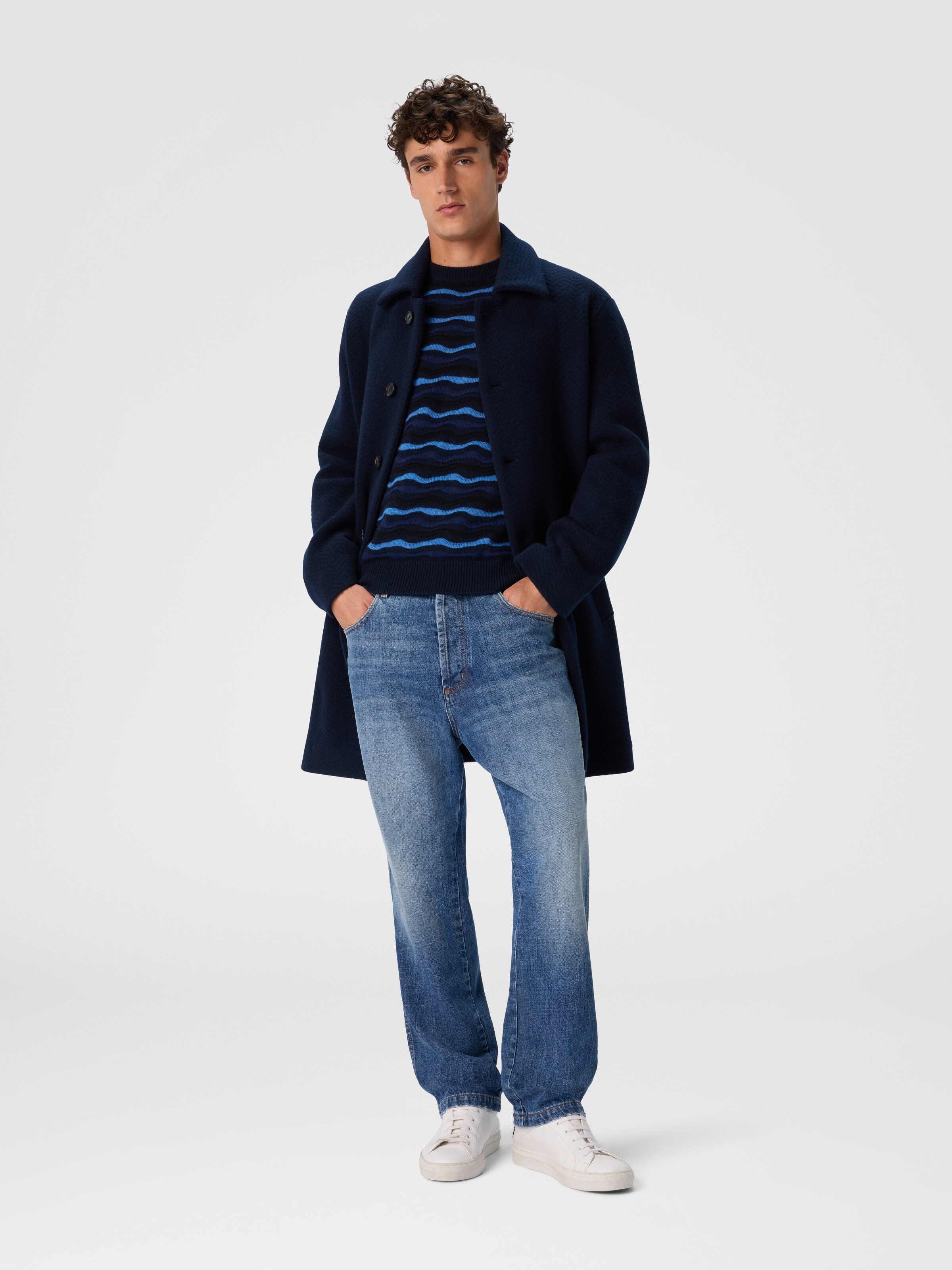Double Knit Coat with Zigzag Pattern, Blue - 1