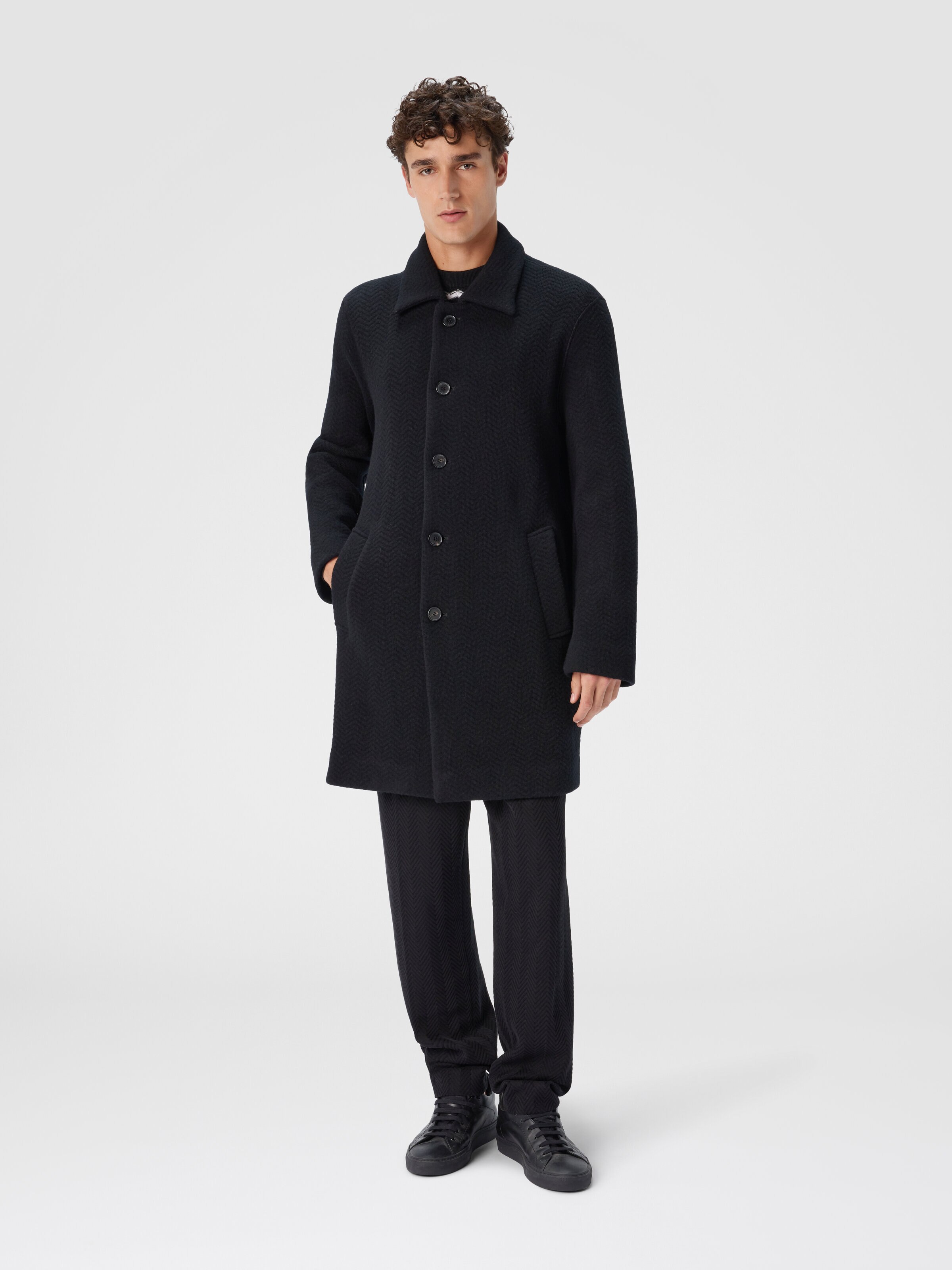 Double Knit Coat with Zigzag Pattern, Black - 1
